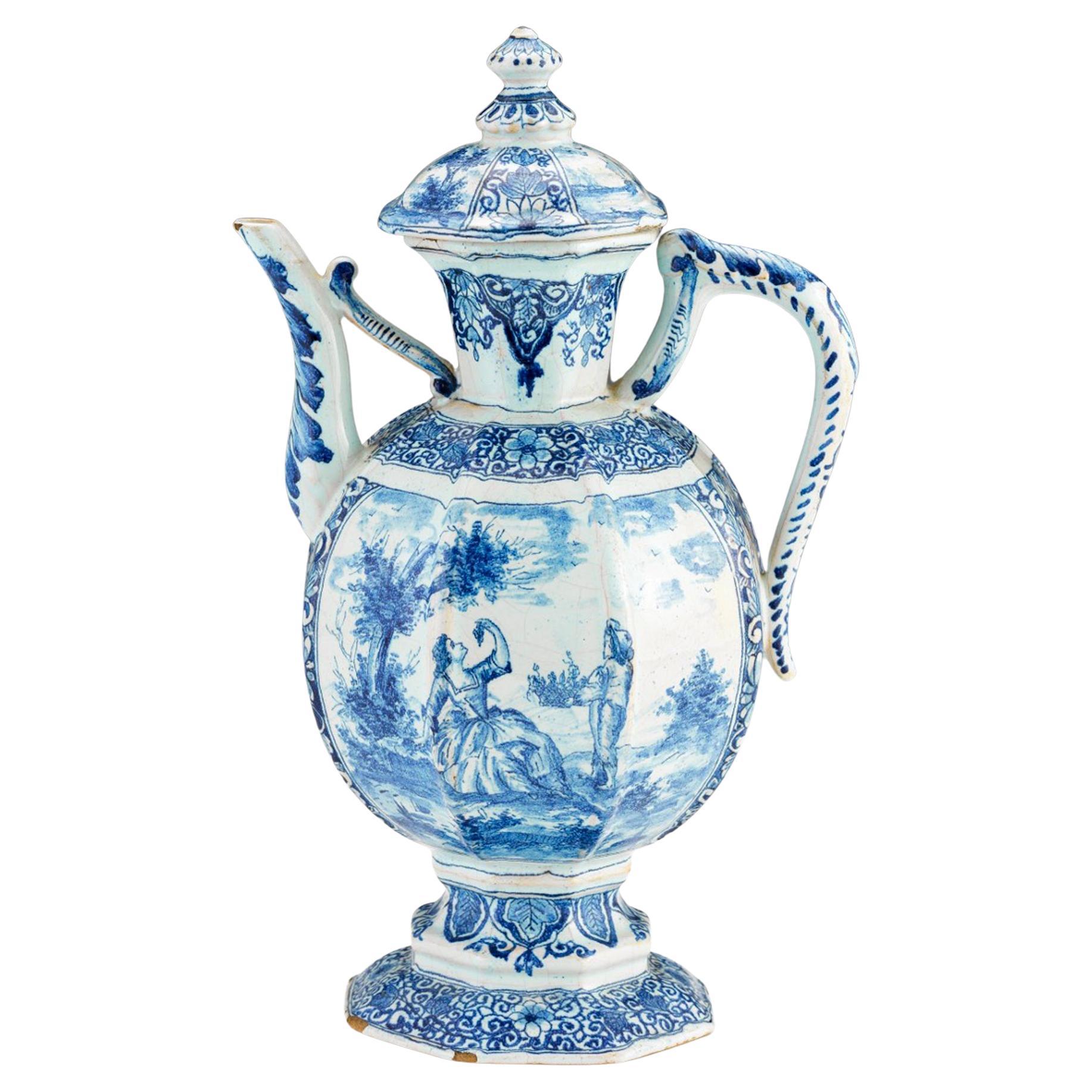 French Faience Covered Blue & White Jug