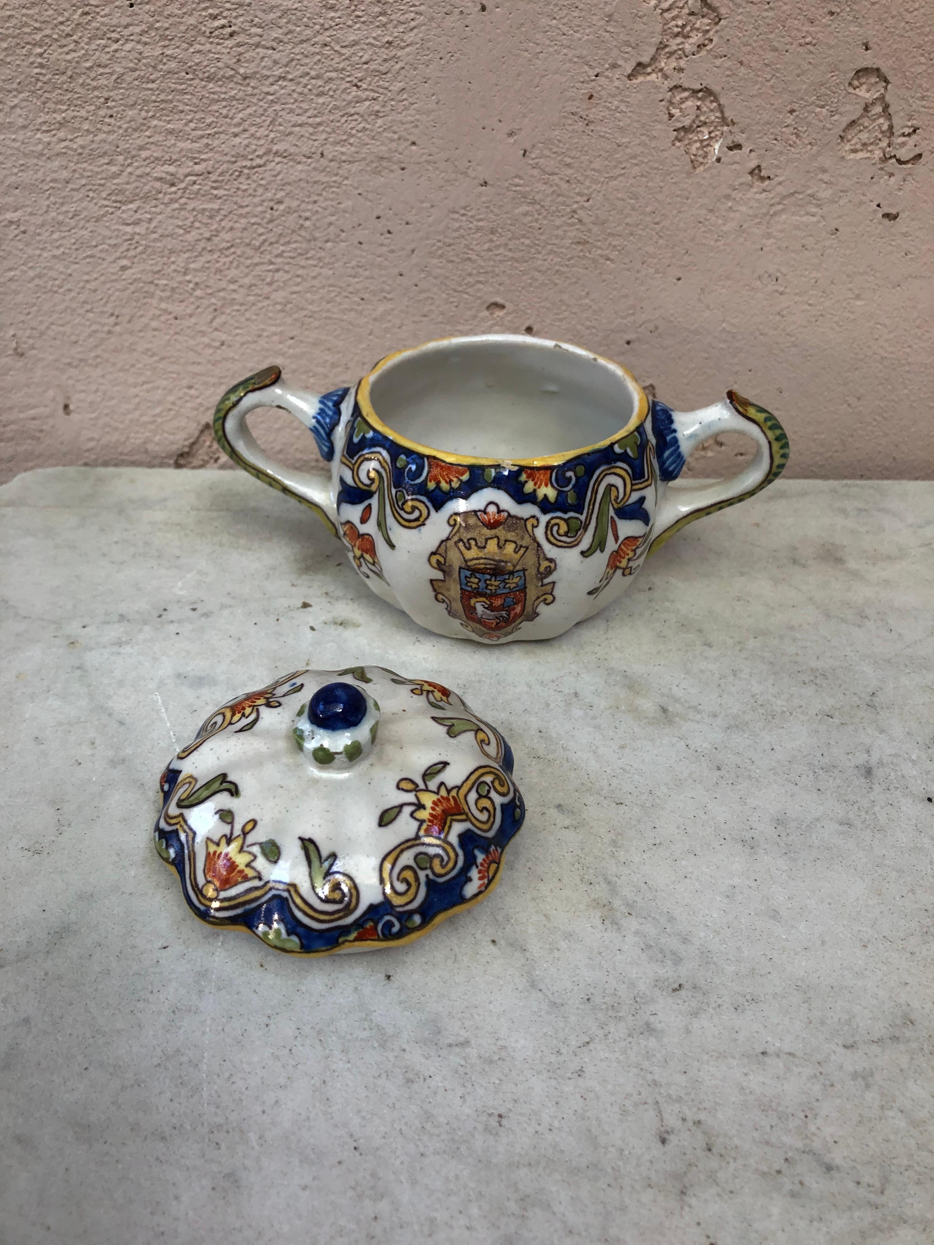 French Faience Covered Handled Bowl, Circa 1900 In Good Condition In Austin, TX