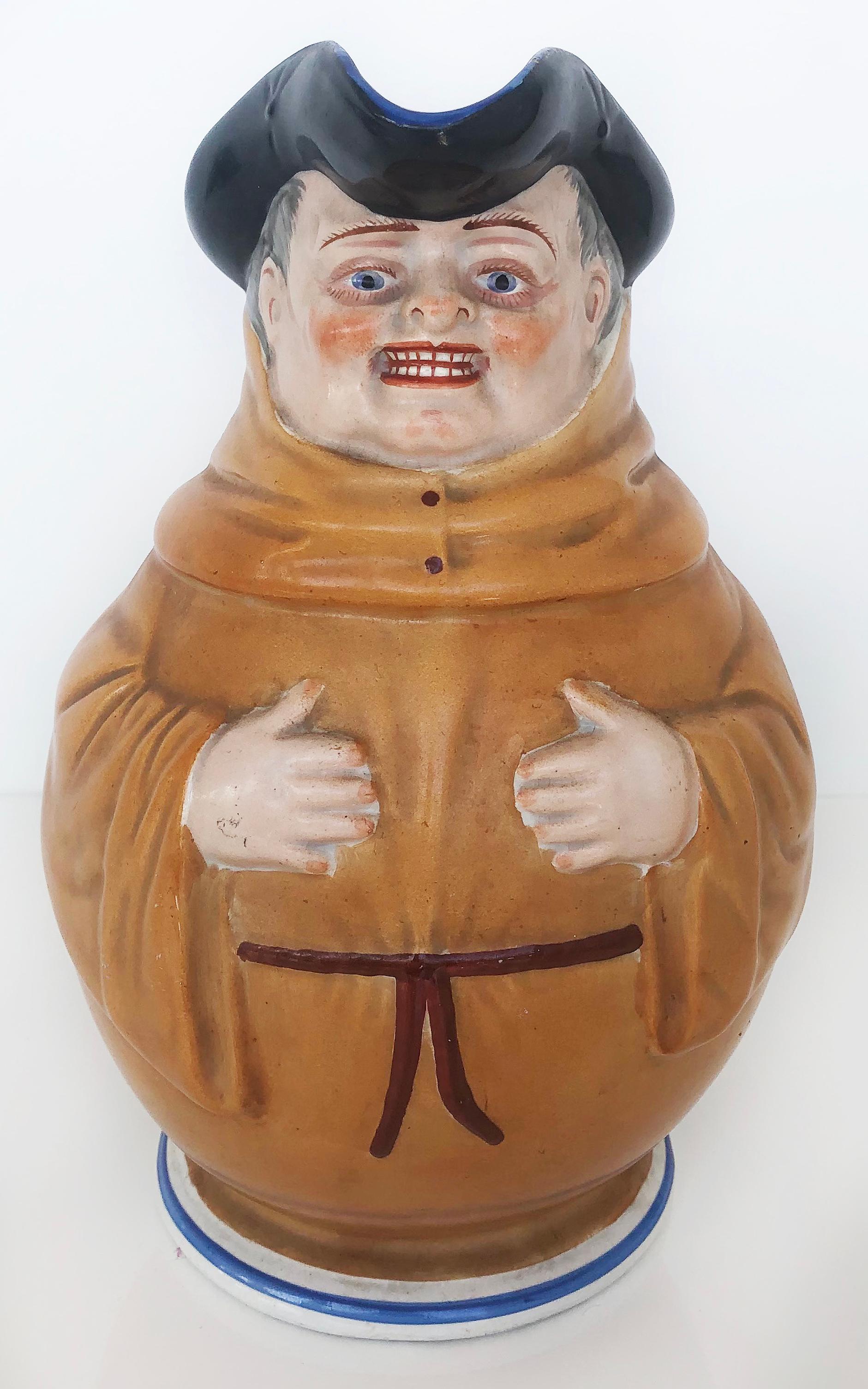 French Faience Creil Et Montereau Monk Pitcher, 19th Century, Signed 

Offered for sale is an antique French Creil et Montereau Monk Pitcher from the late 19th century. The pitcher has a handle on the back and a spout within the friar's hat. The