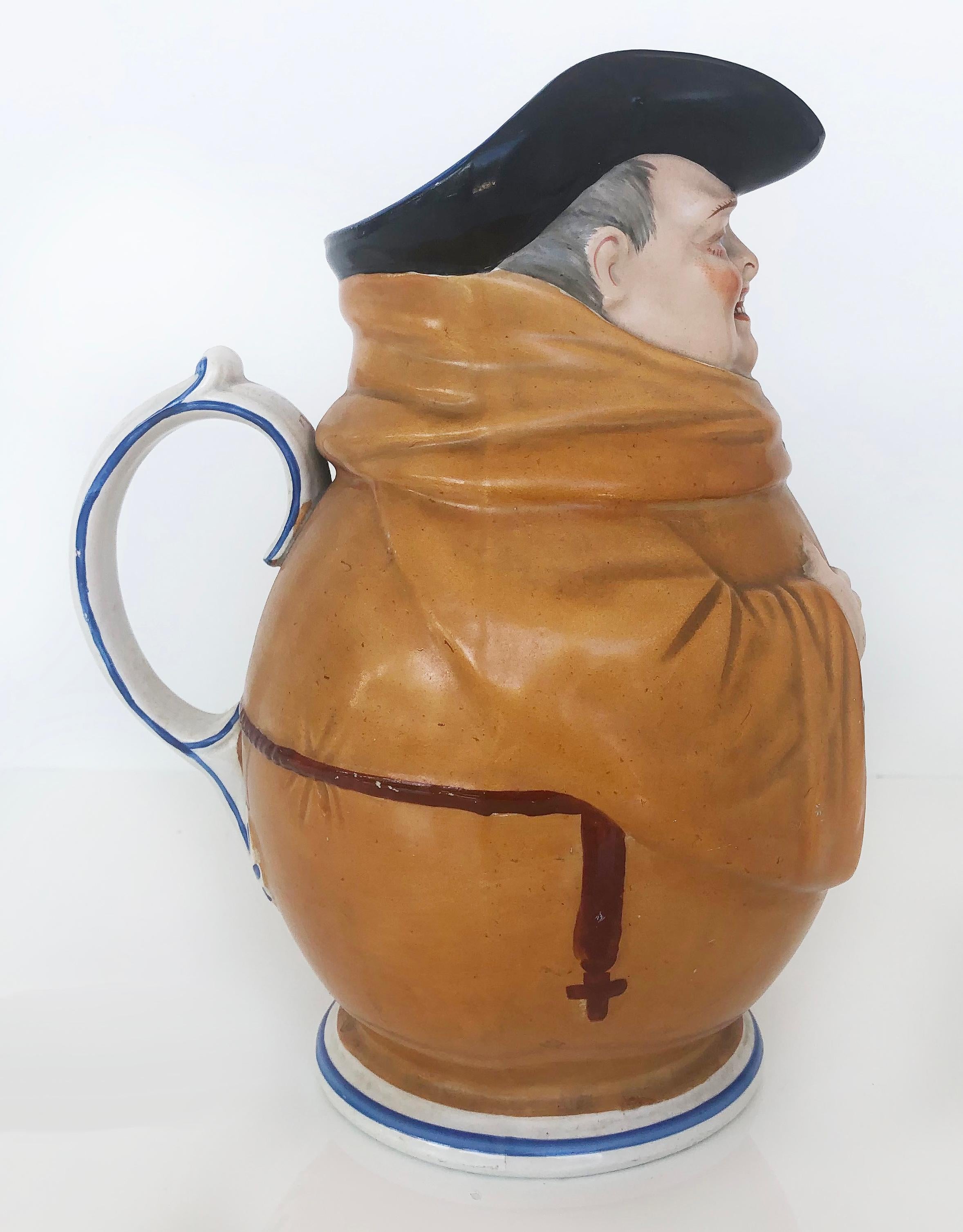 Hand-Painted French Faience Creil Et Montereau Monk Pitcher, 19th Century, Signed  For Sale