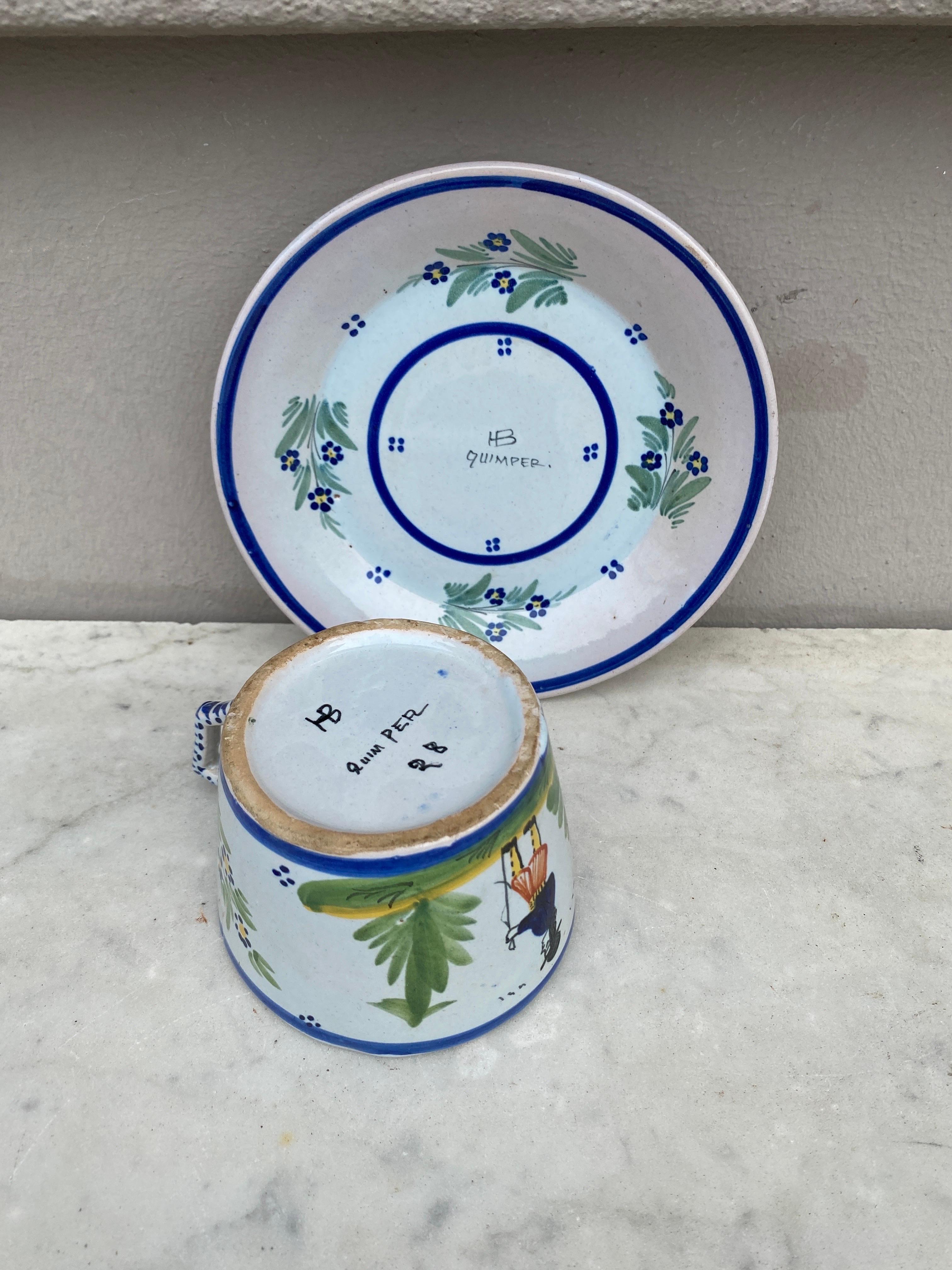 French Faience Cup & Saucer Henriot Quimper Circa 1900 For Sale 2