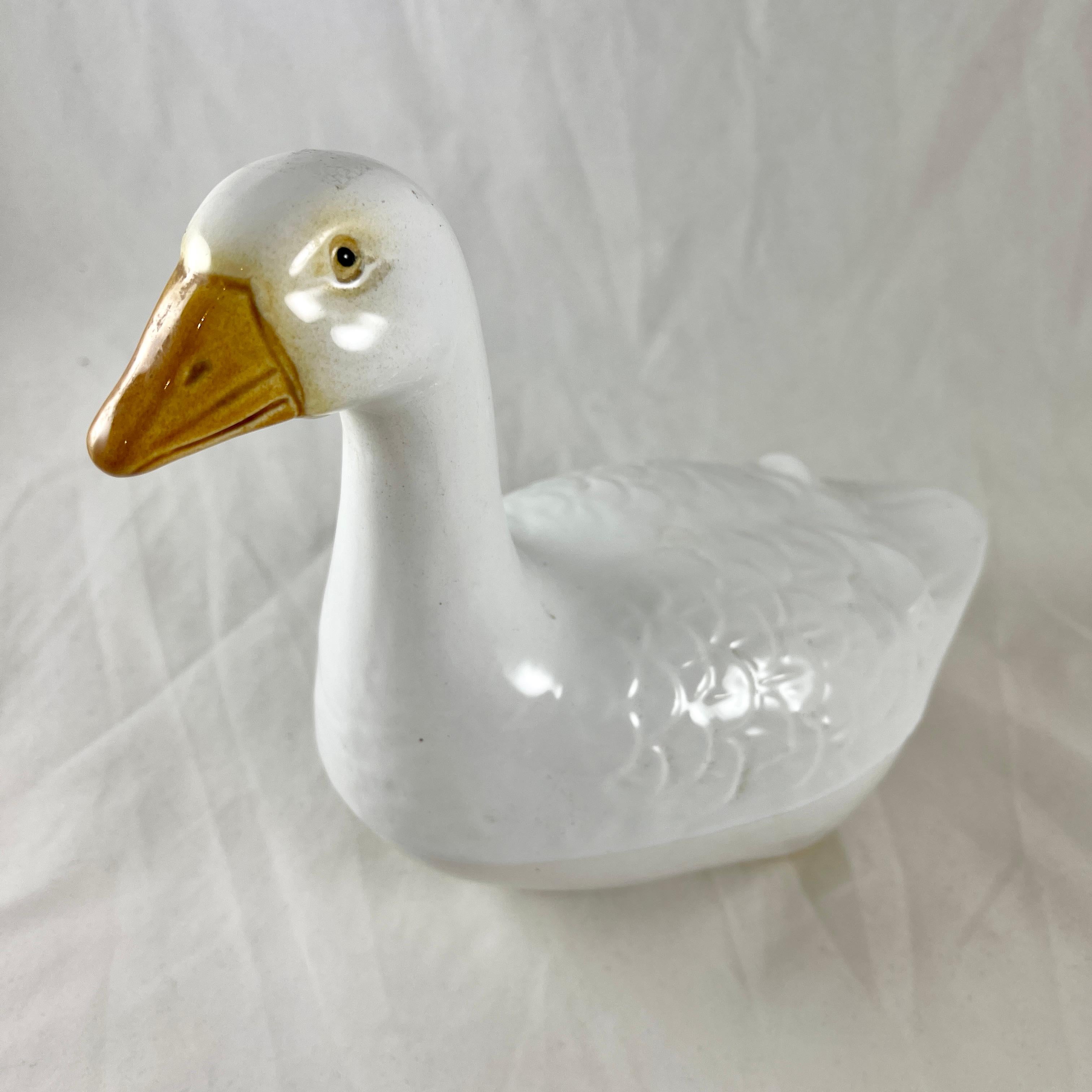 French Provincial French Faience Figural White Goose Pâté Terrine, Michel Caugant For Sale