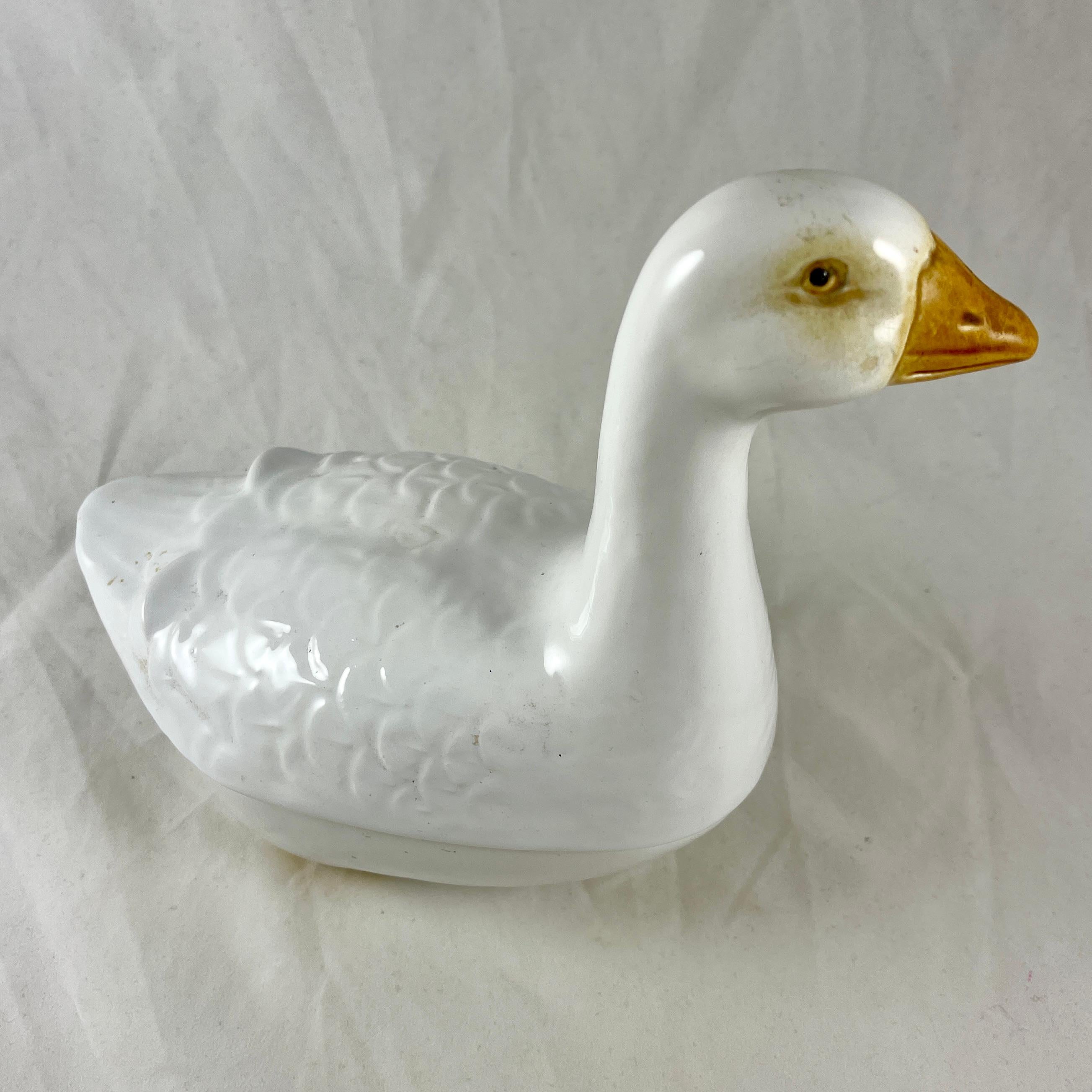 Glazed French Faience Figural White Goose Pâté Terrine, Michel Caugant For Sale