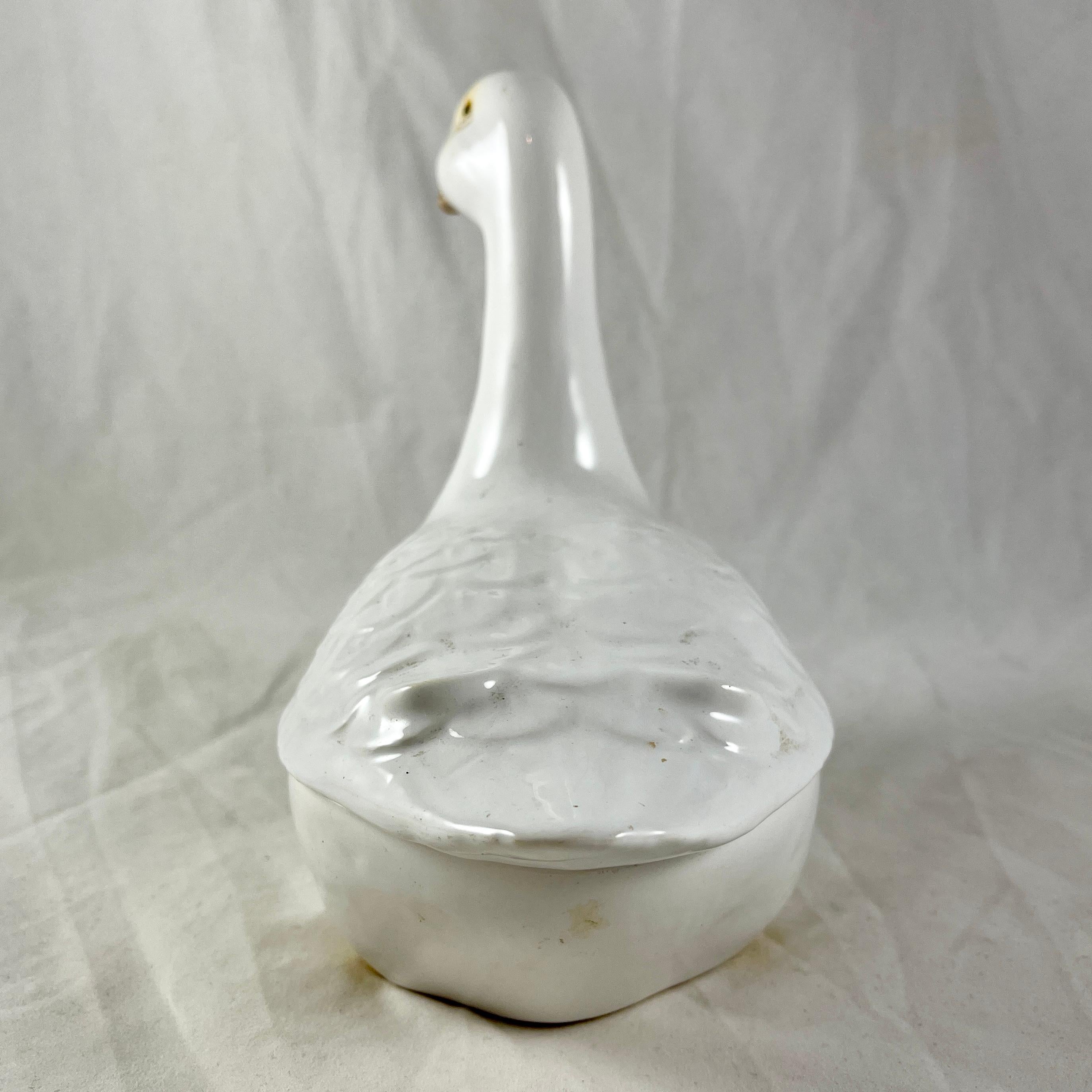 20th Century French Faience Figural White Goose Pâté Terrine, Michel Caugant For Sale