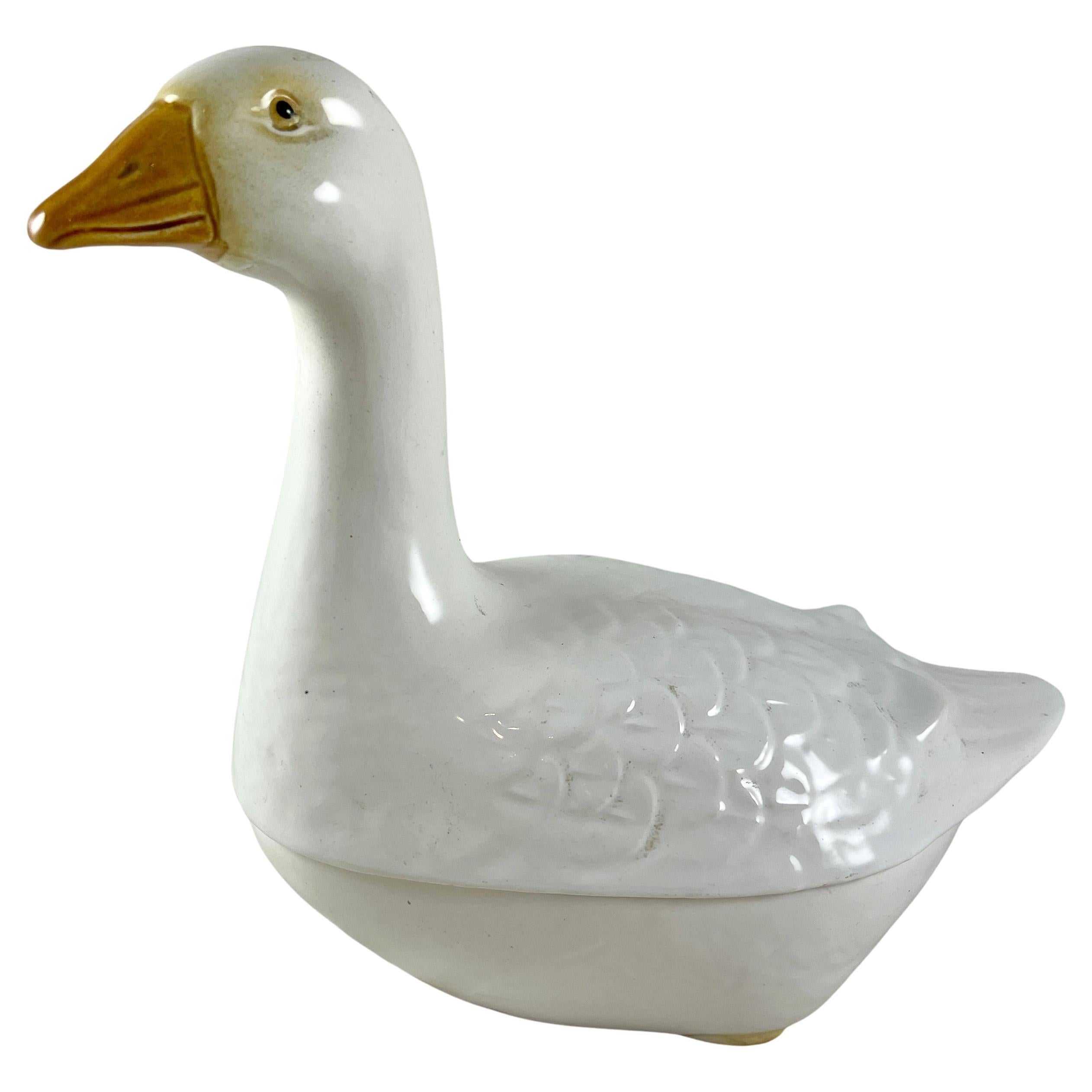 French Faience Figural White Goose Pâté Terrine, Michel Caugant For Sale