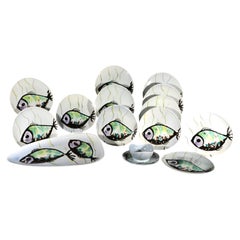 French Faience Fish Service, M.B.F.A. Pornic, 14 Pieces, Mid-Century