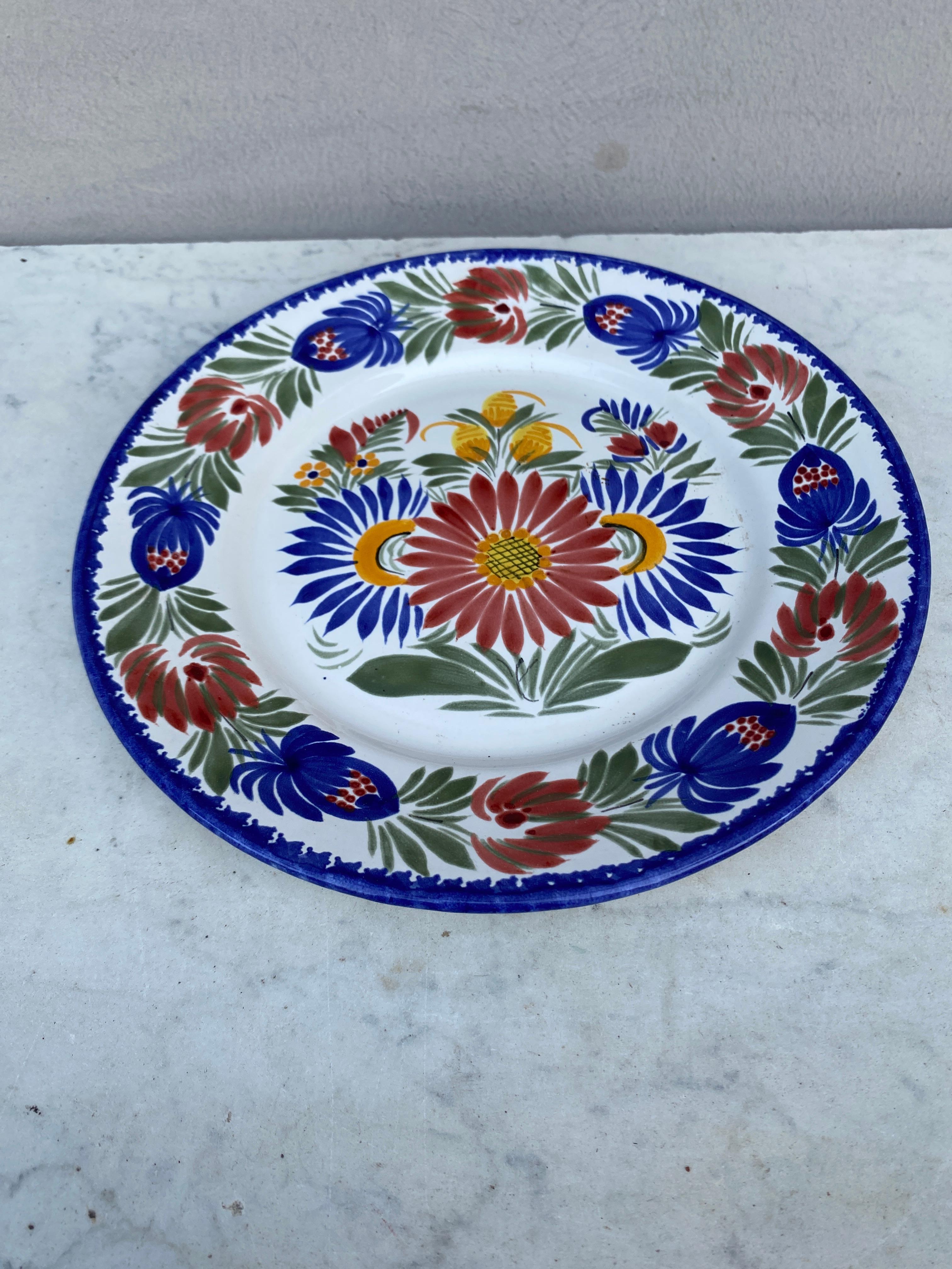 French Faience Flowers Plate Quimper circa 1950.