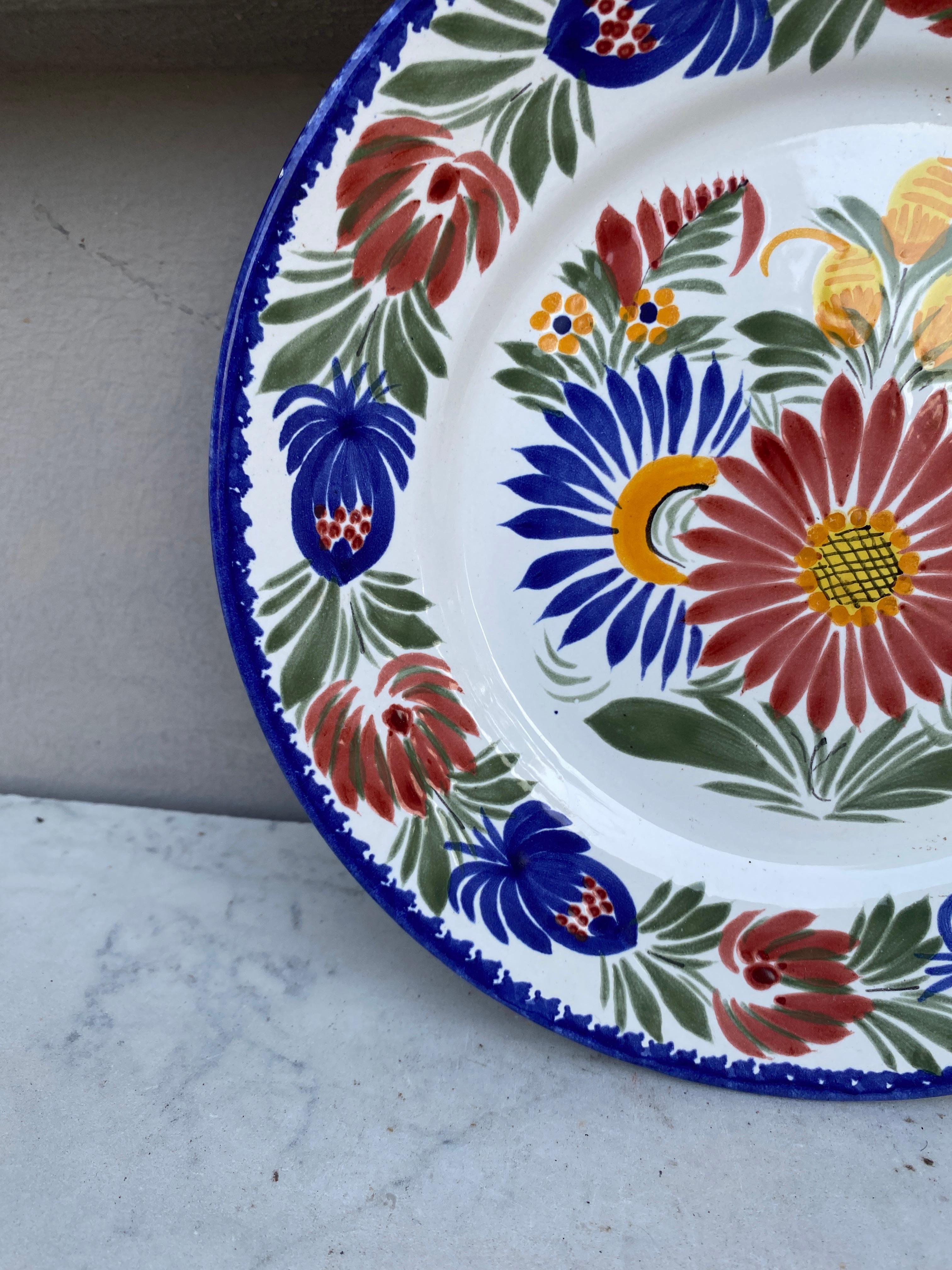 Rustic French Faience Flowers Plate Quimper circa 1950