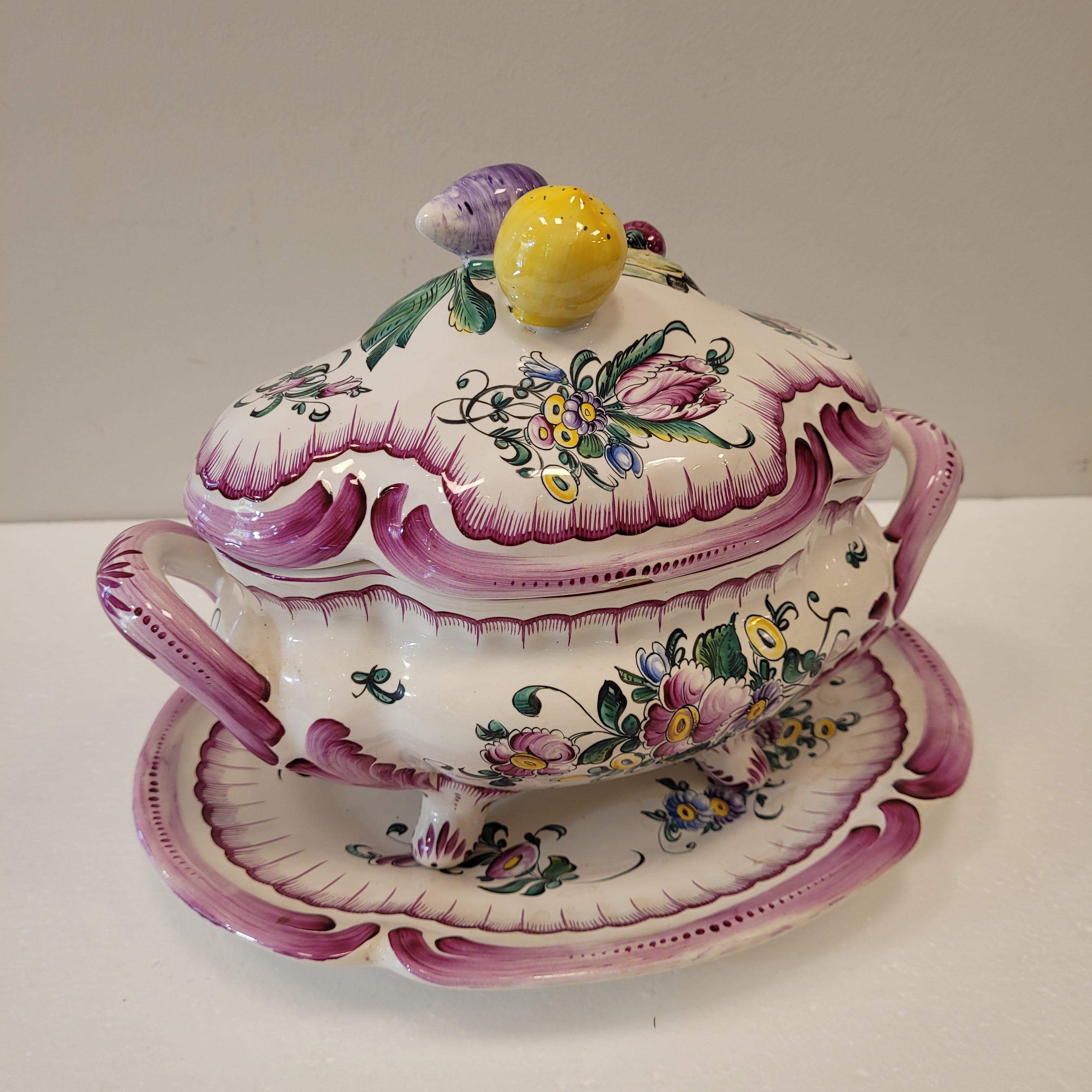 Recipiente para legumbres Estrasburgo amarillo rosa pintado a mano en loza francesa  fuente en venta 9