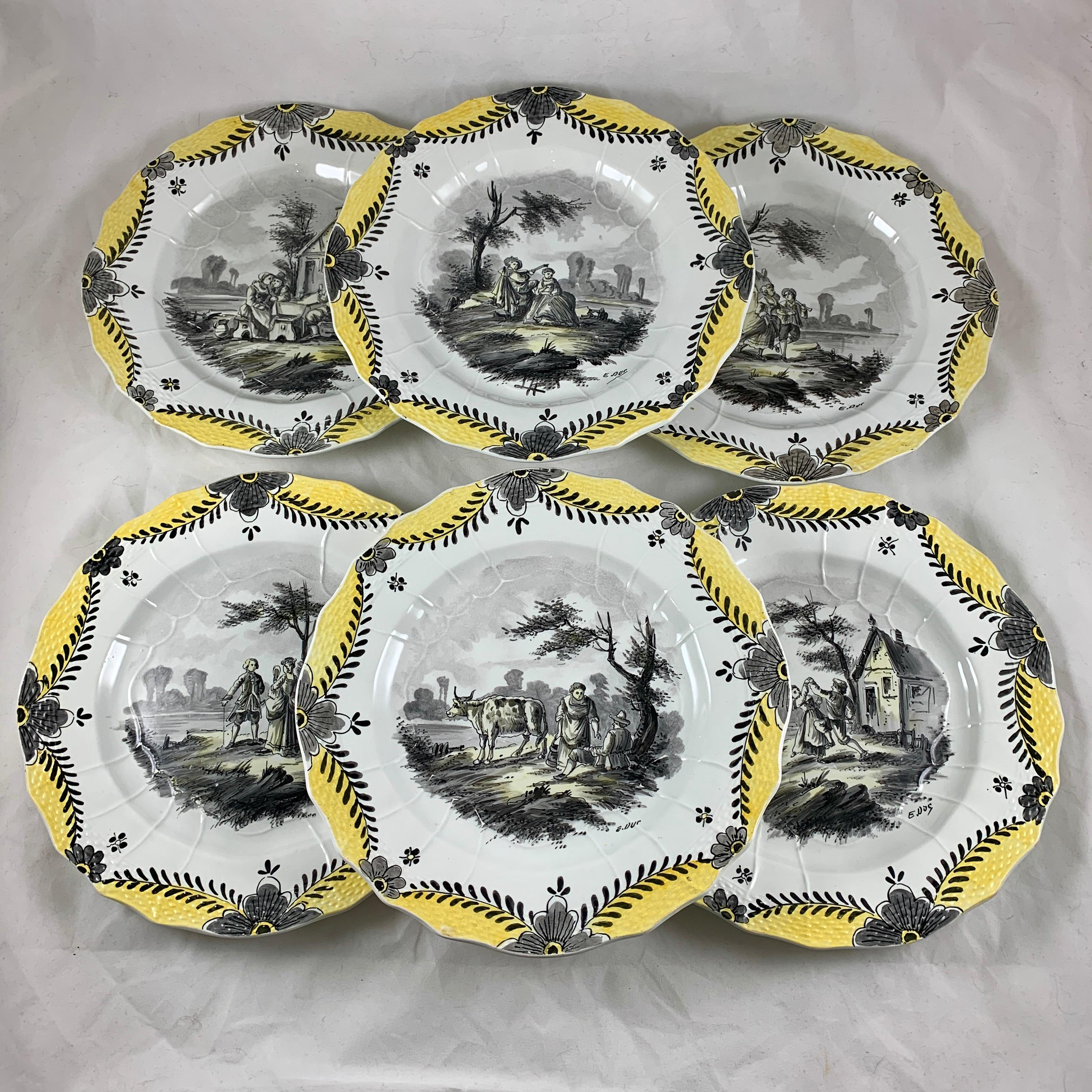 French Faïence Hand Painted Romantic Courtship Grisaille & Cirage Plates, S/6 For Sale 4