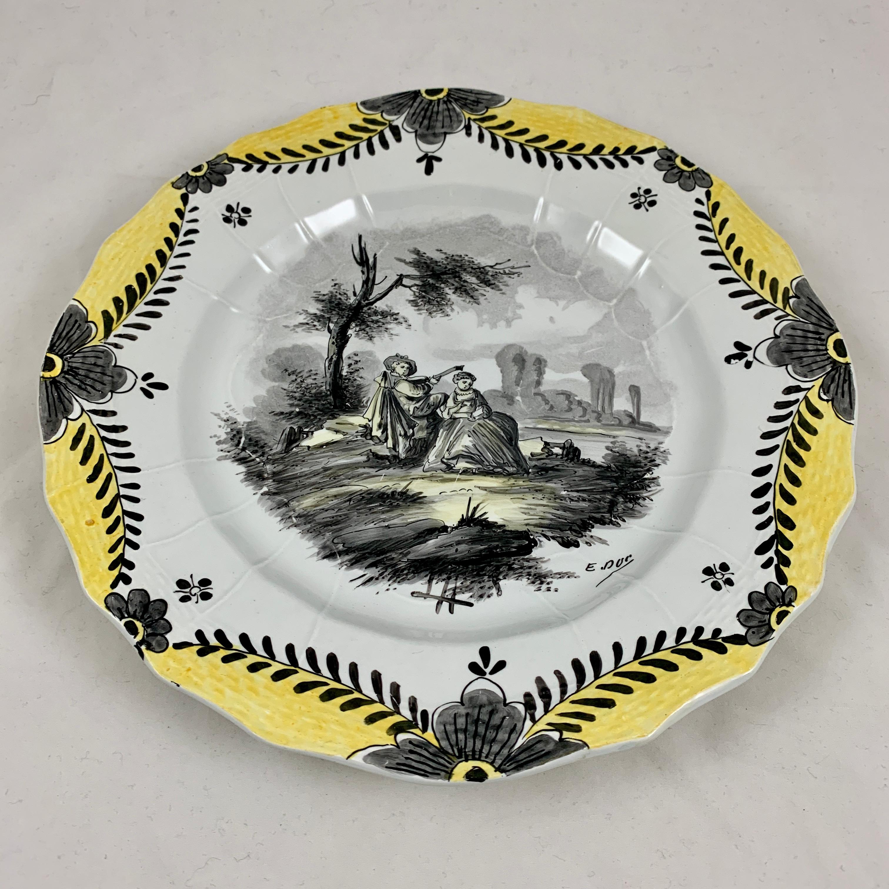 French Faïence Hand Painted Romantic Courtship Grisaille & Cirage Plates, S/6 For Sale 5