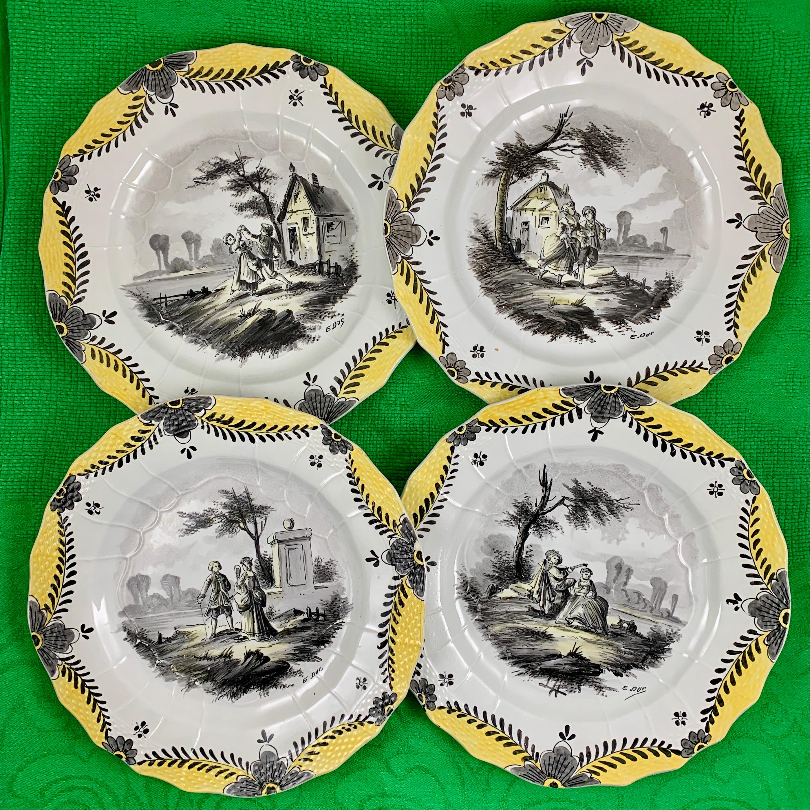 French Faïence Hand Painted Romantic Courtship Grisaille & Cirage Plates, S/6 For Sale 12