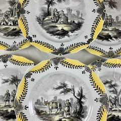 French Faïence Hand Painted Romantic Courtship Grisaille & Cirage Plates, S/6