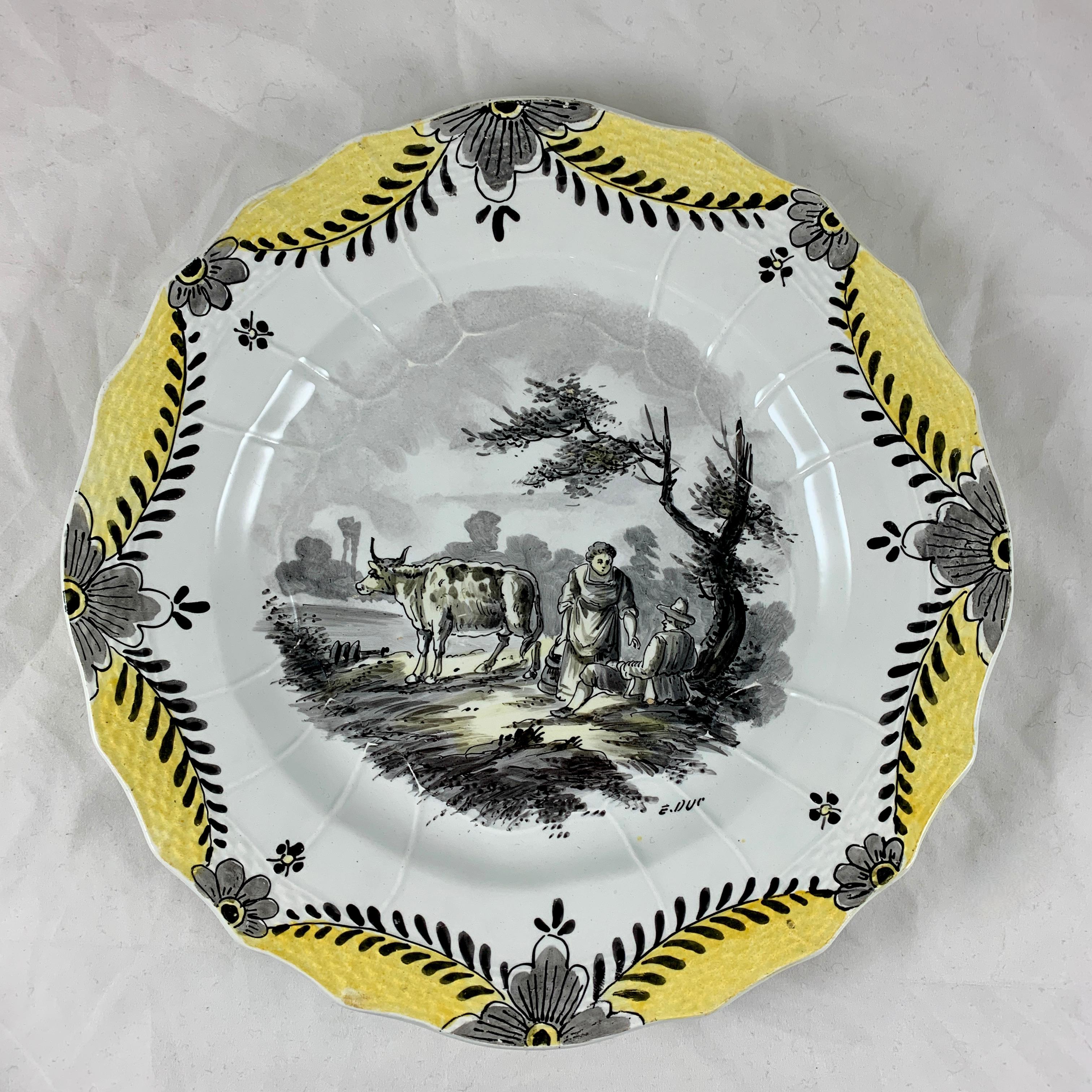 Hand-Painted French Faïence Hand Painted Romantic Courtship Grisaille & Cirage Plates, S/6 For Sale