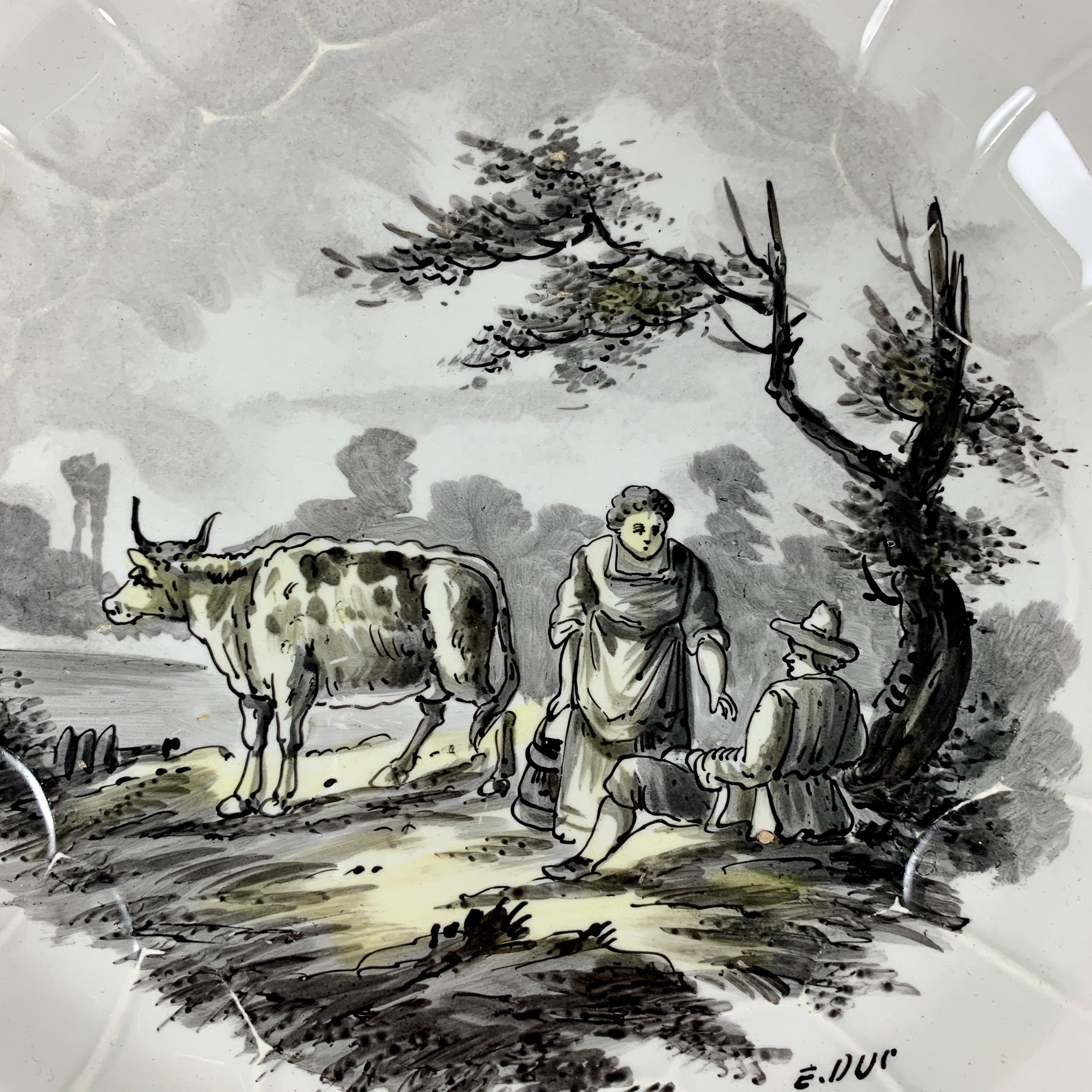 French Faïence Hand Painted Romantic Courtship Grisaille & Cirage Plates, S/6 In Good Condition For Sale In Philadelphia, PA