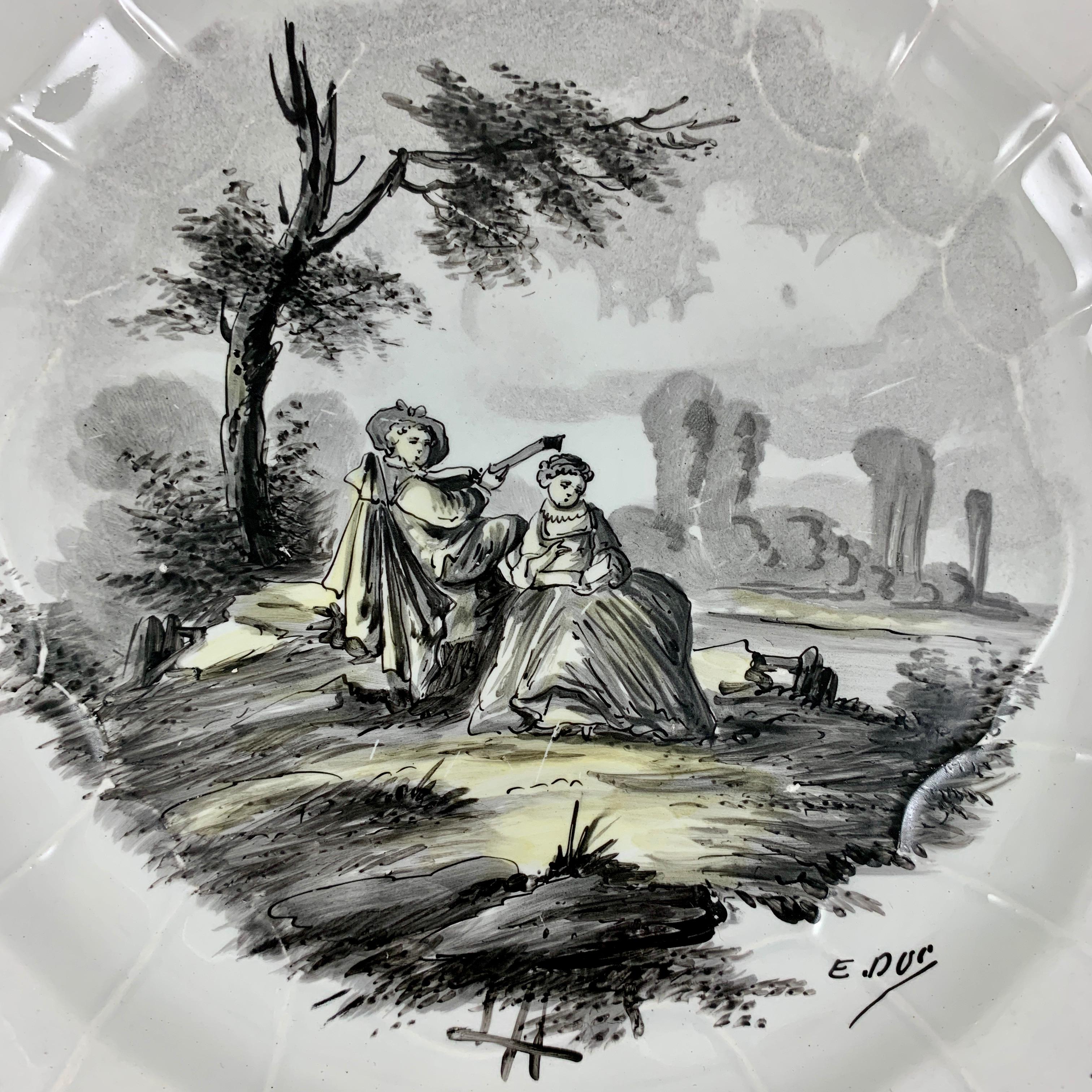 French Faïence Hand Painted Romantic Courtship Grisaille & Cirage Plates, S/6 For Sale 1