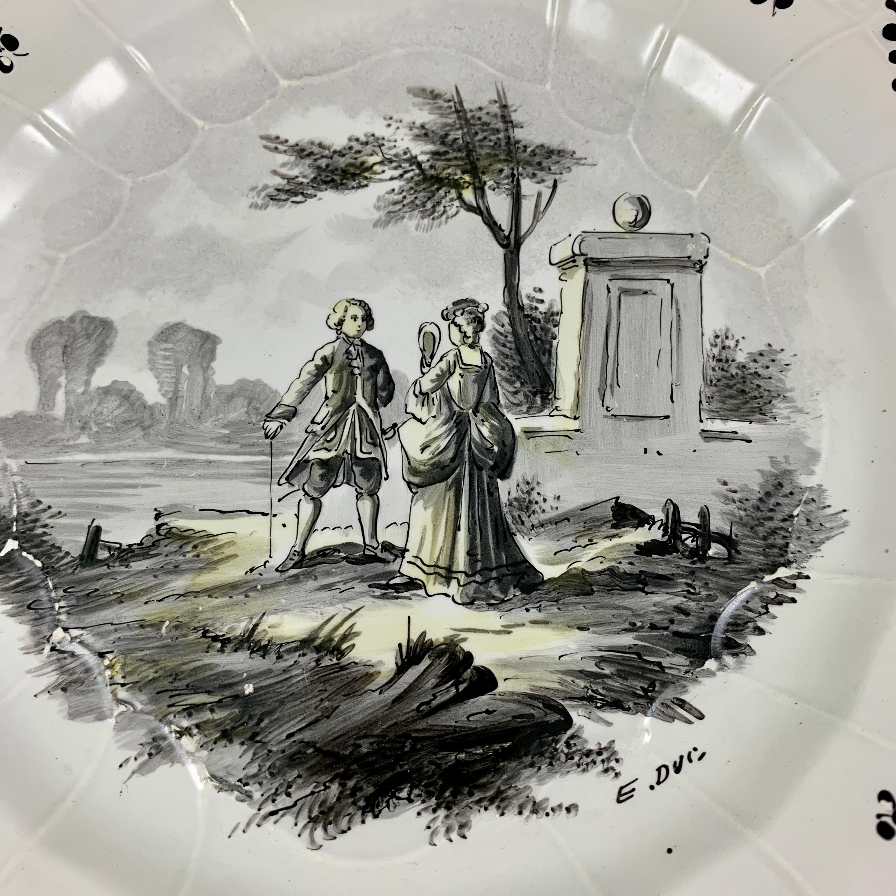 French Faïence Hand Painted Romantic Courtship Grisaille & Cirage Plates, S/6 For Sale 2