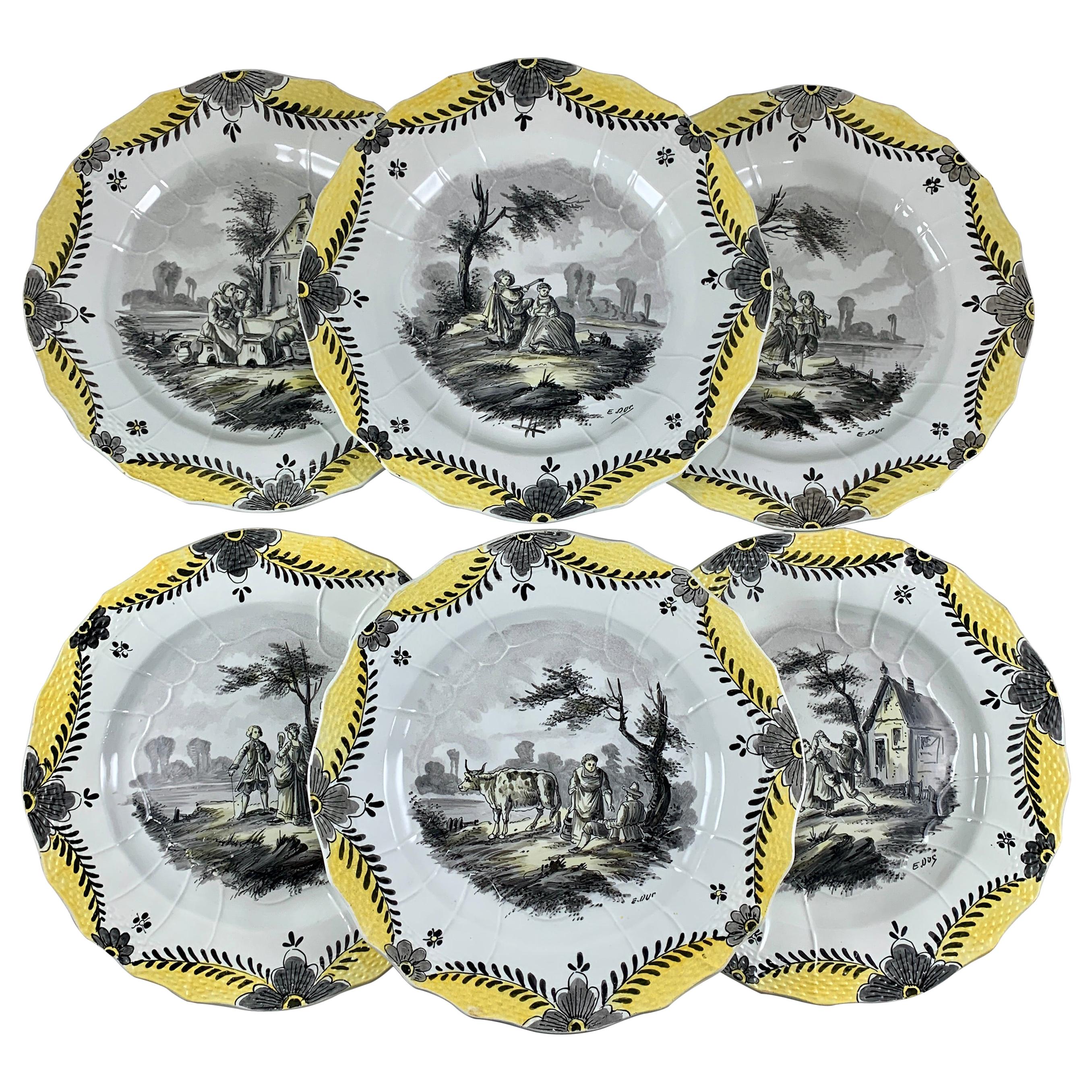 French Faïence Hand Painted Romantic Courtship Grisaille & Cirage Plates, S/6 For Sale