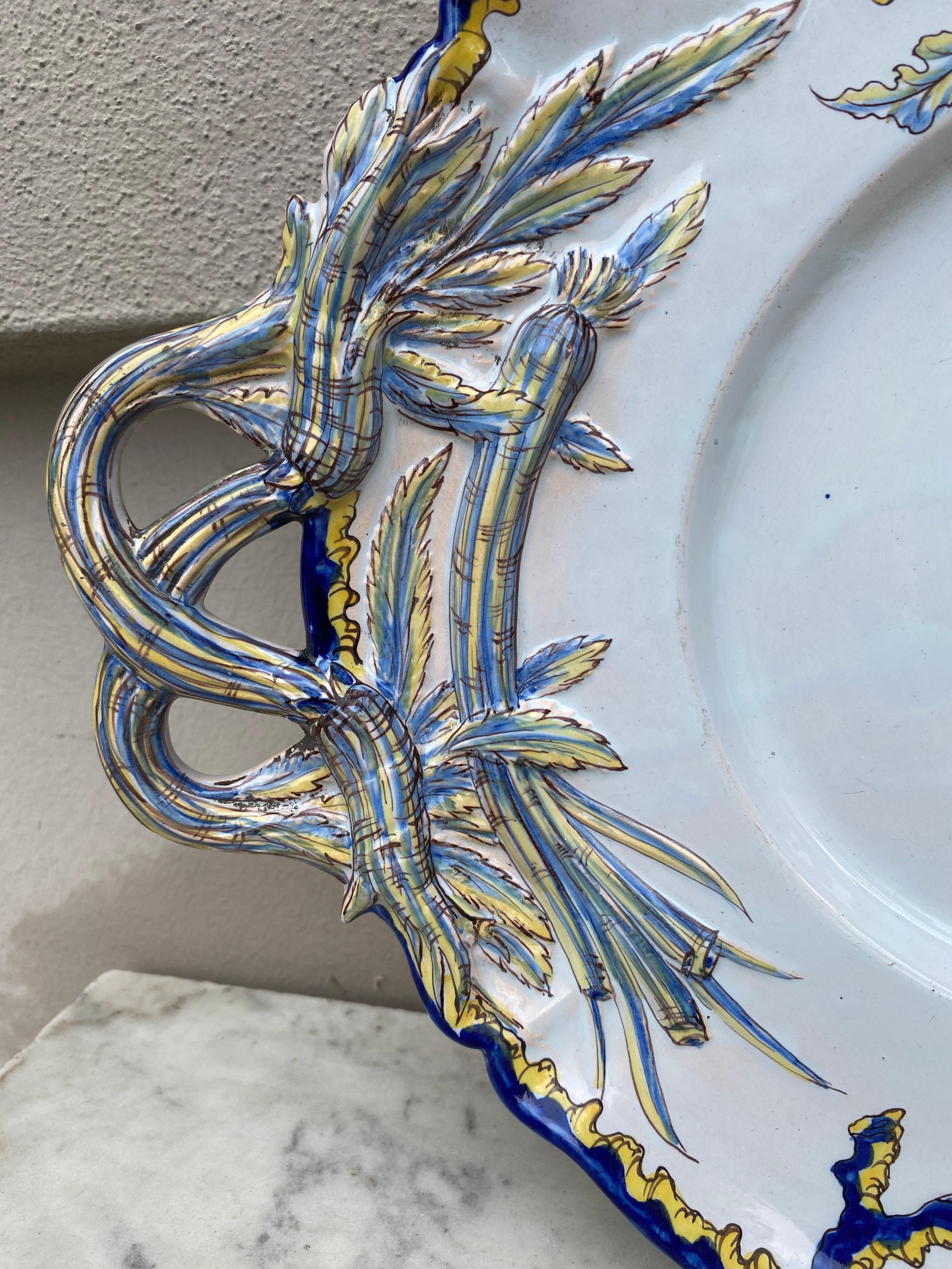 French Faience Handled Platter Botanical signed Saint Clement, circa 1900.