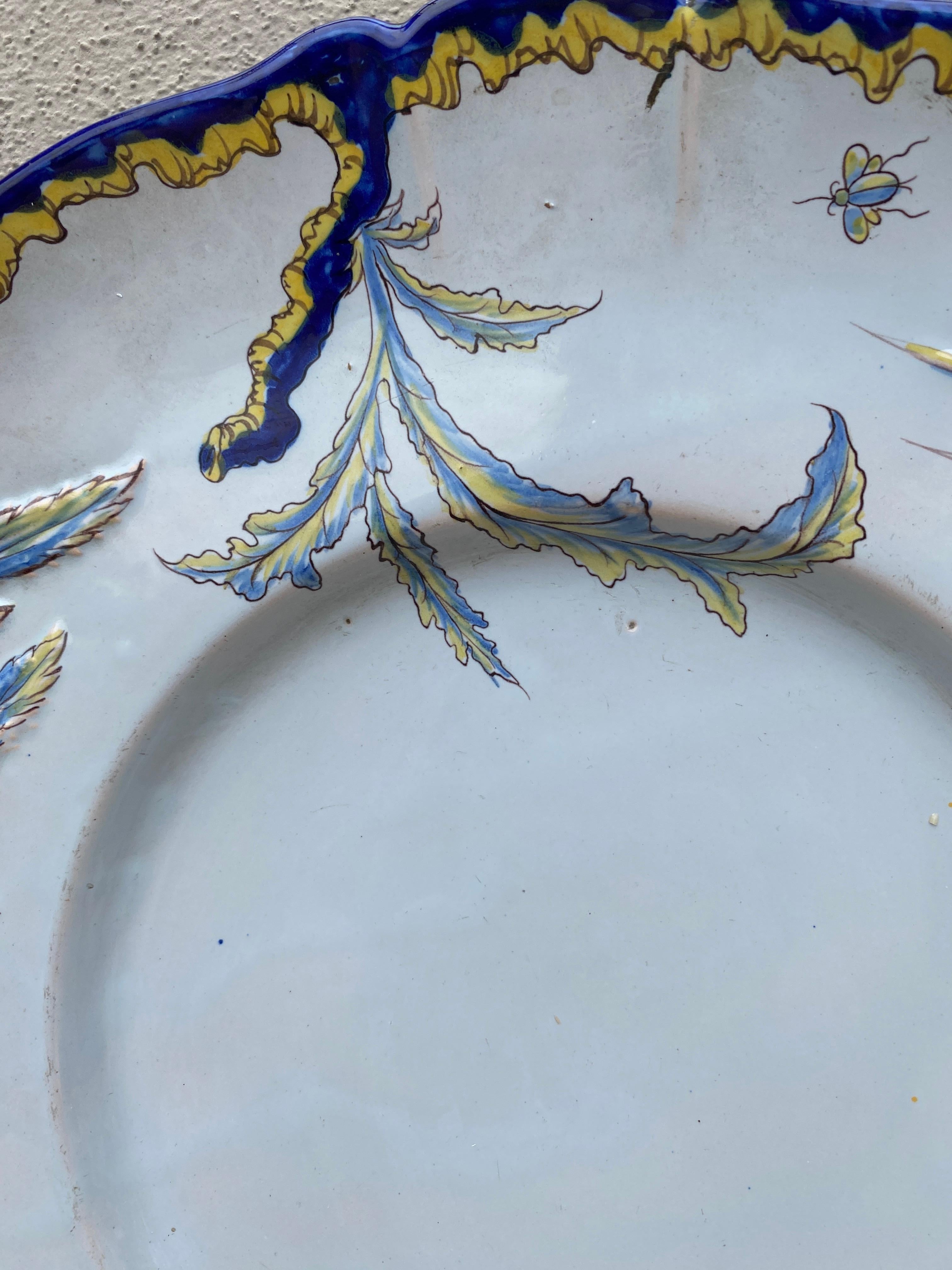 French Provincial French Faience Handled Platter Botanical Saint Clement, circa 1900 For Sale