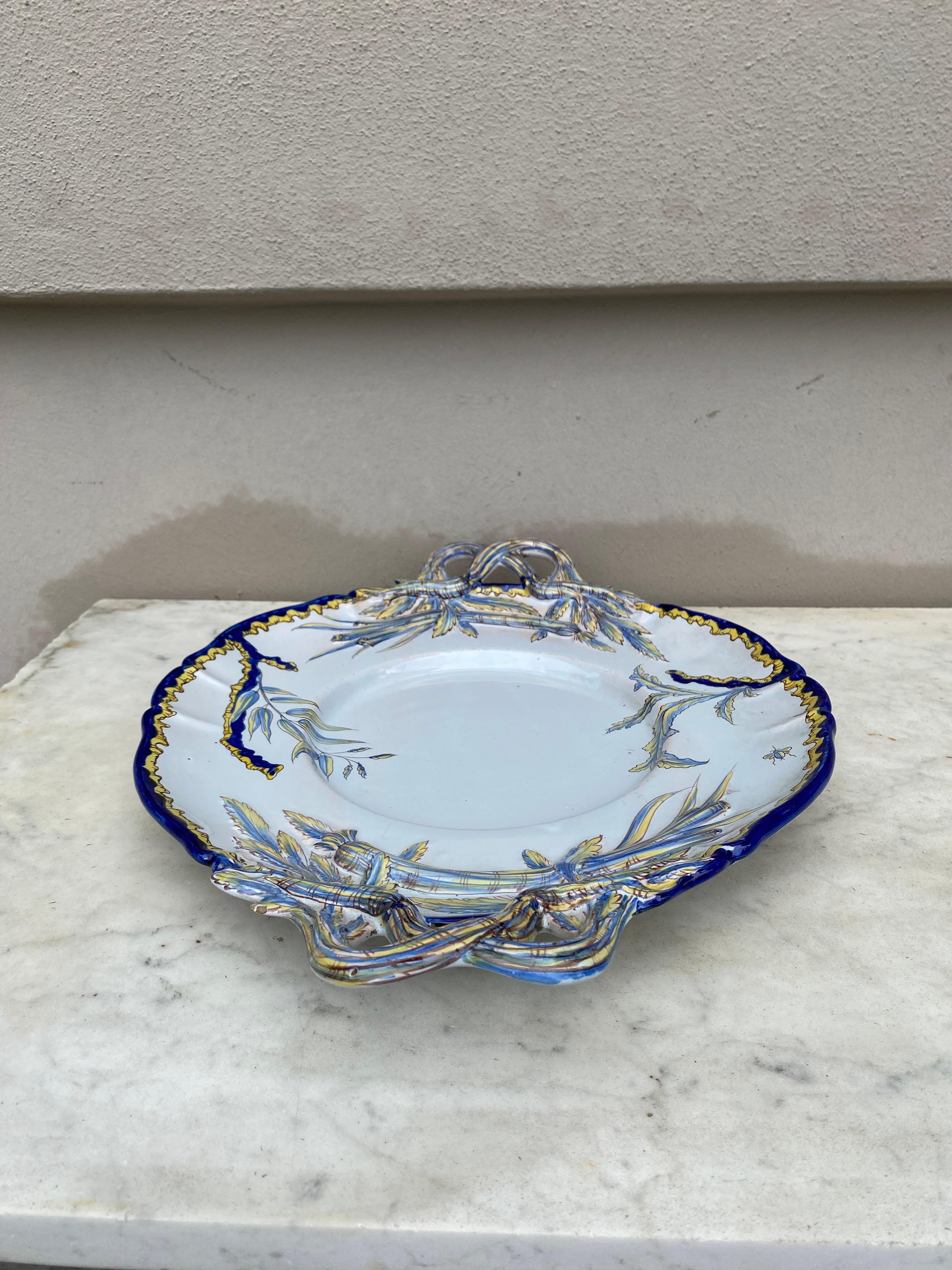 French Faience Handled Platter Botanical Saint Clement, circa 1900 For Sale 1