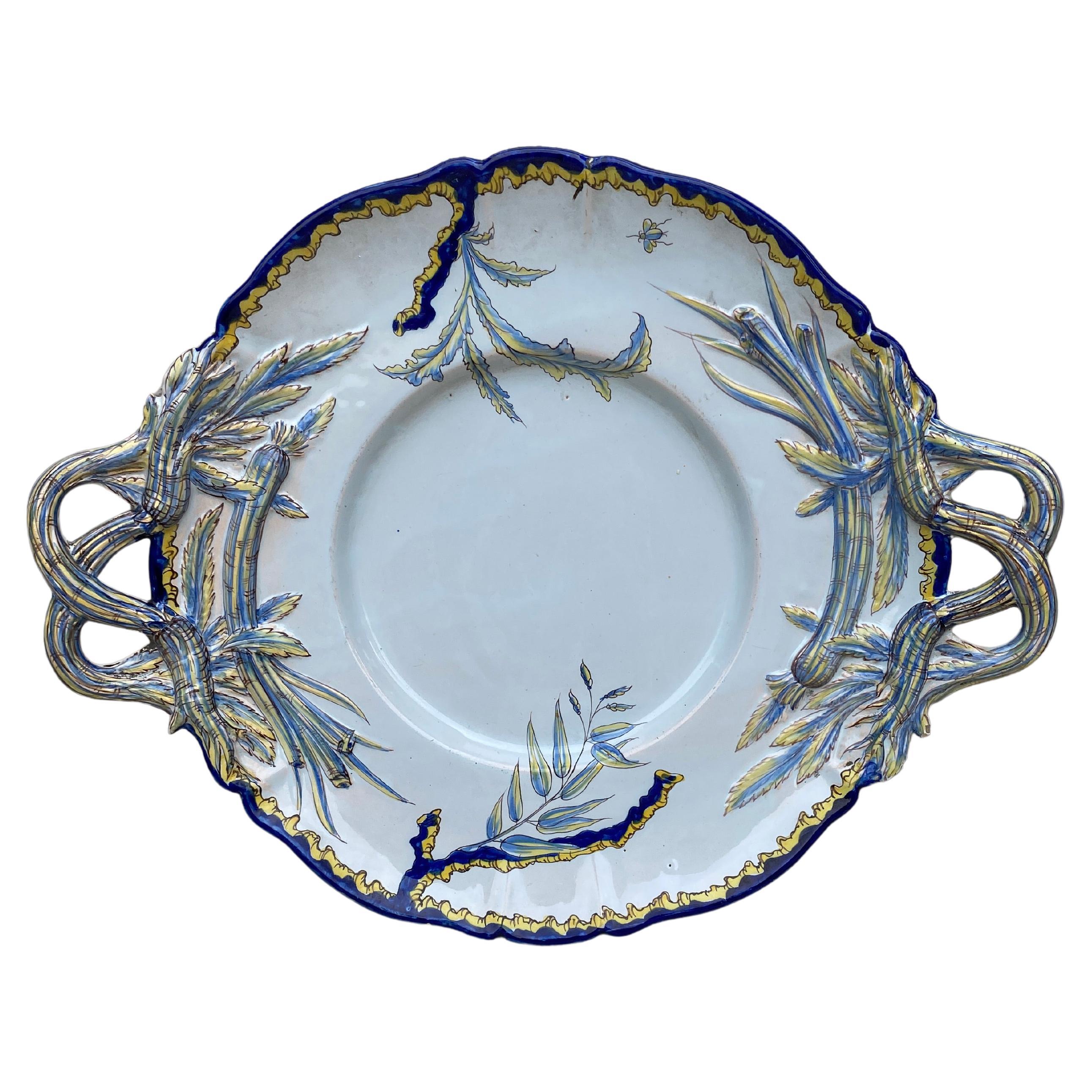 French Faience Handled Platter Botanical Saint Clement, circa 1900 For Sale