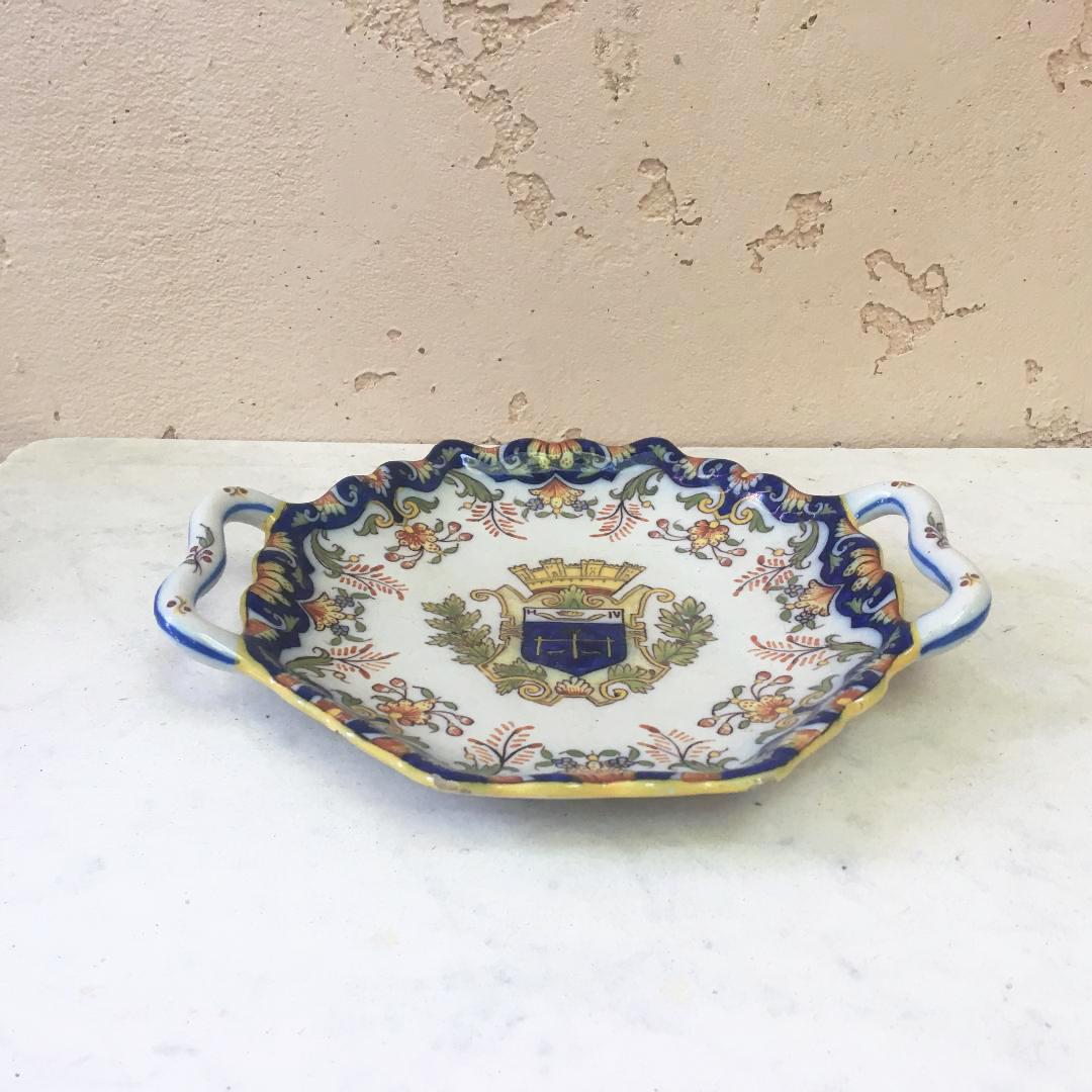 Antique French faience handled platter with coat of arms and floral pattern, circa 1900. Signed 