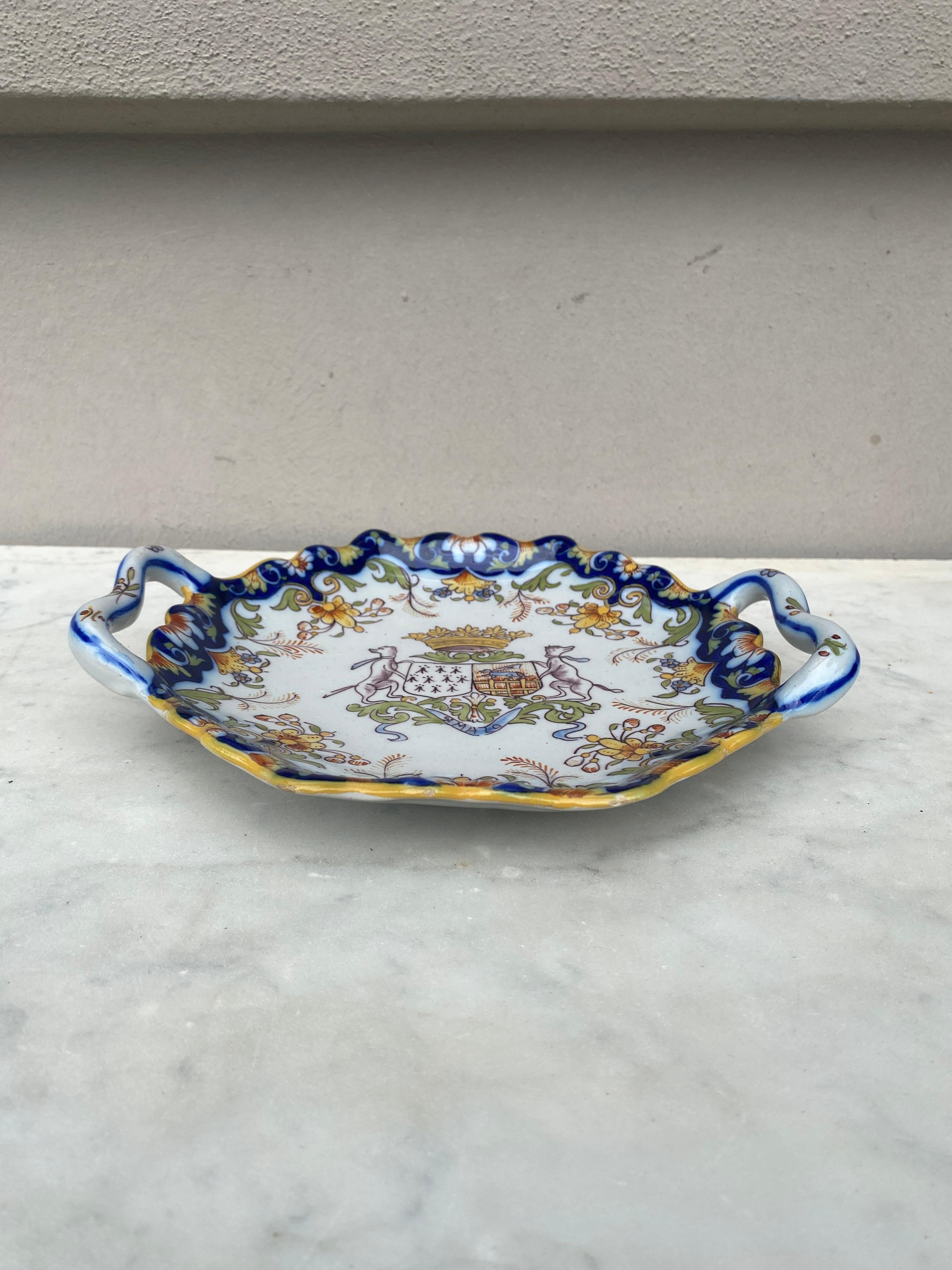 French Faience Handled Platter Desvres, circa 1900 In Good Condition For Sale In Austin, TX