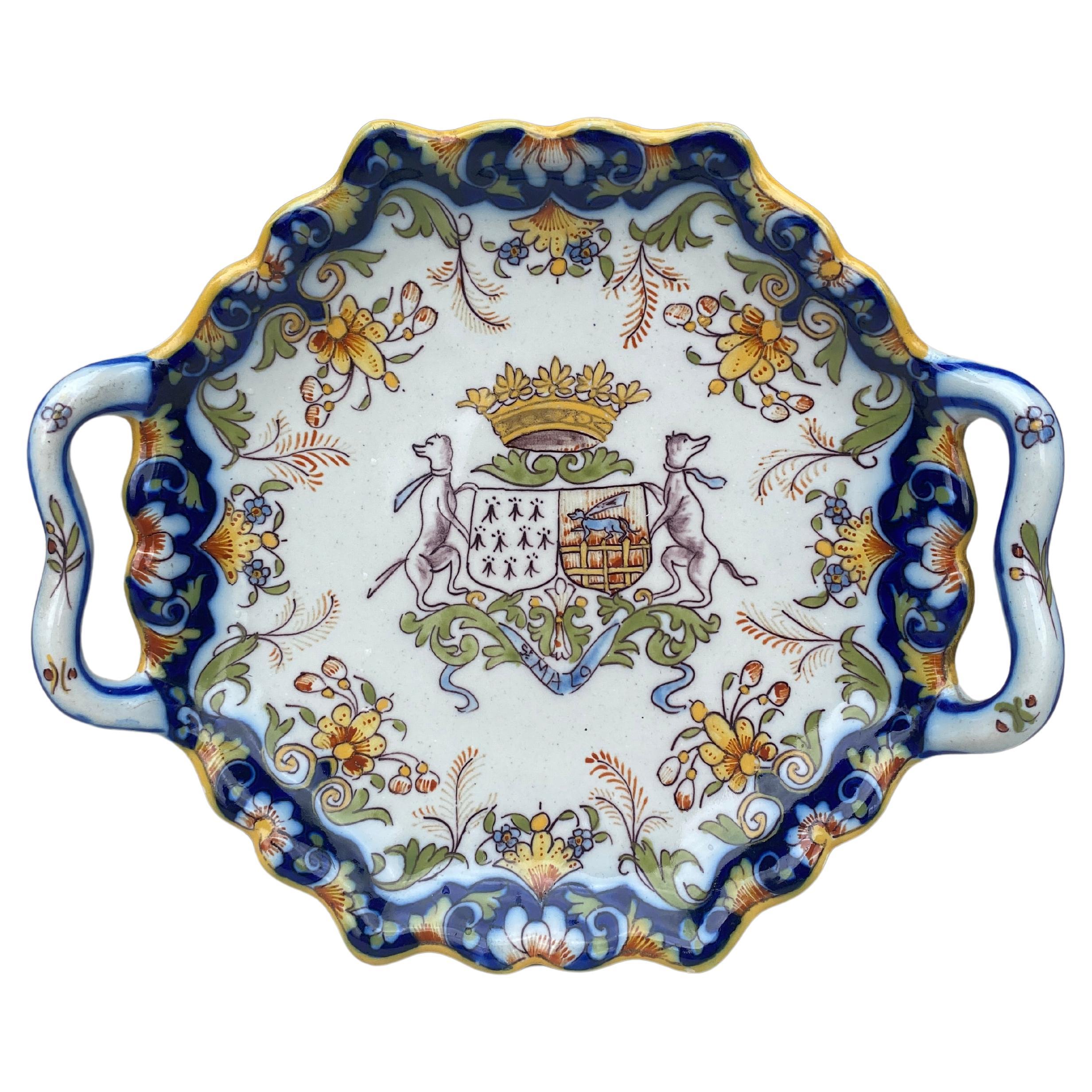 French Faience Handled Platter Desvres, circa 1900 For Sale