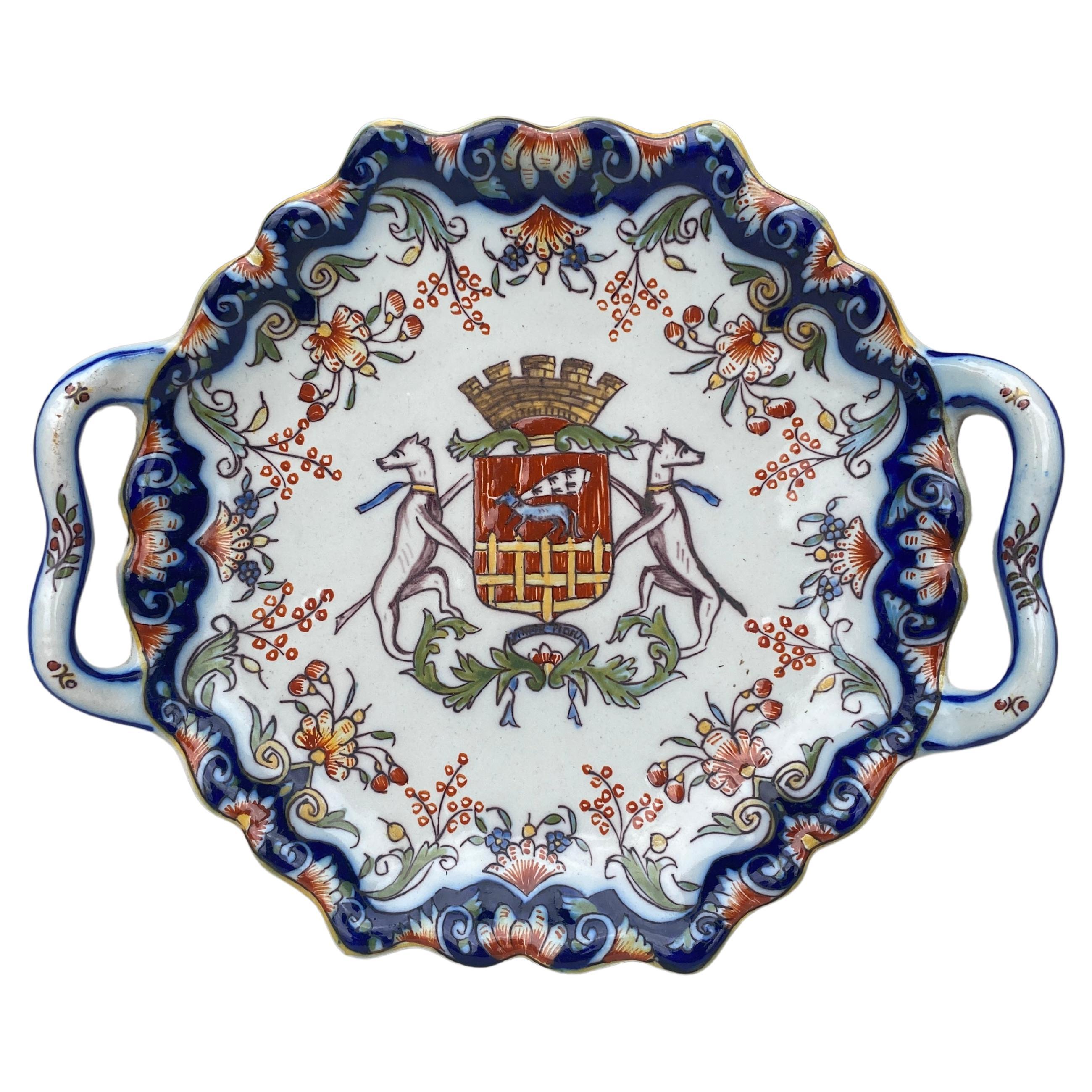 French Faience Handled Platter Desvres, circa 1900 For Sale