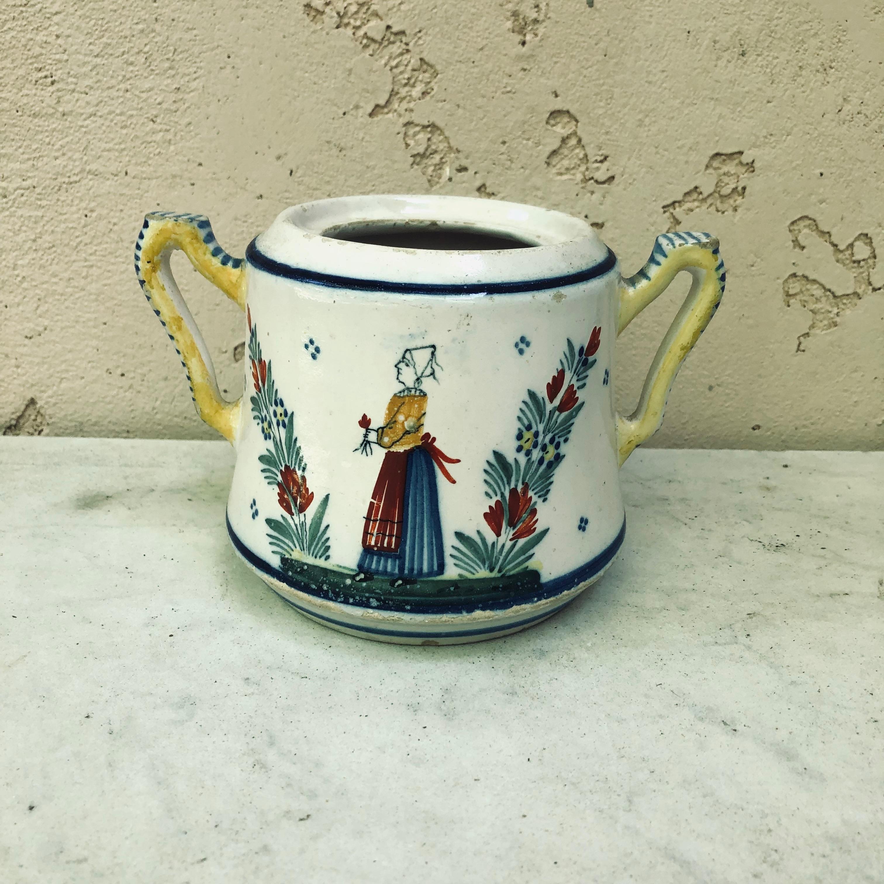 French Faience handled pot Henriot Quimper Circa 1900.