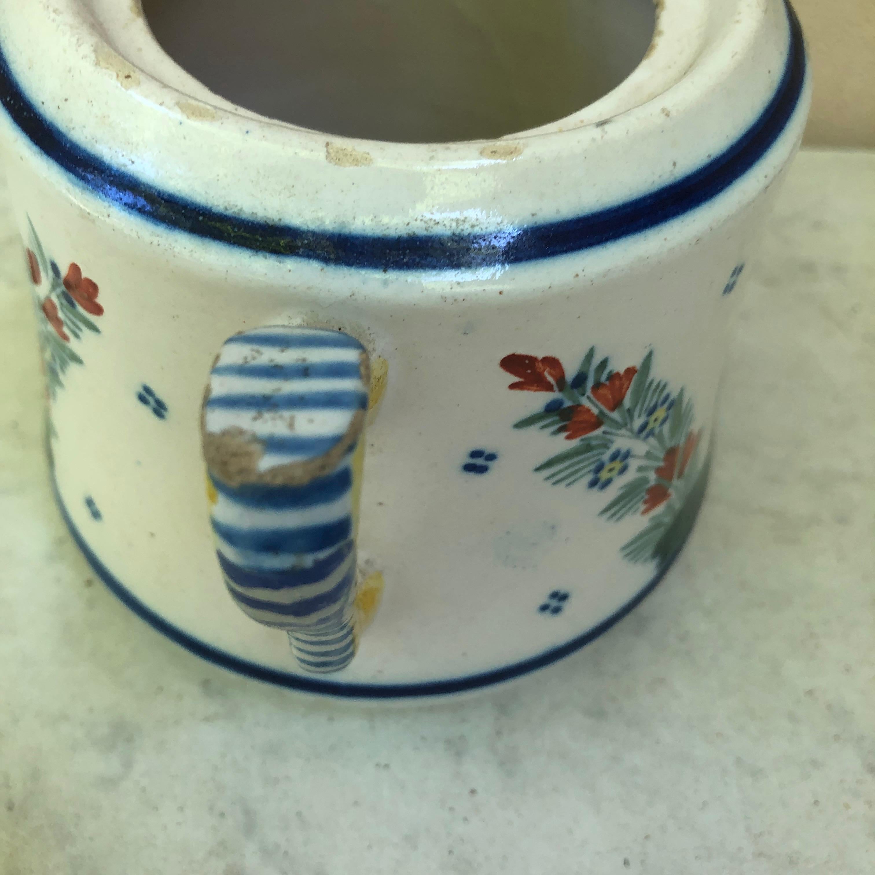 Early 20th Century French Faience Handled Pot Henriot Quimper, Circa 1900 For Sale