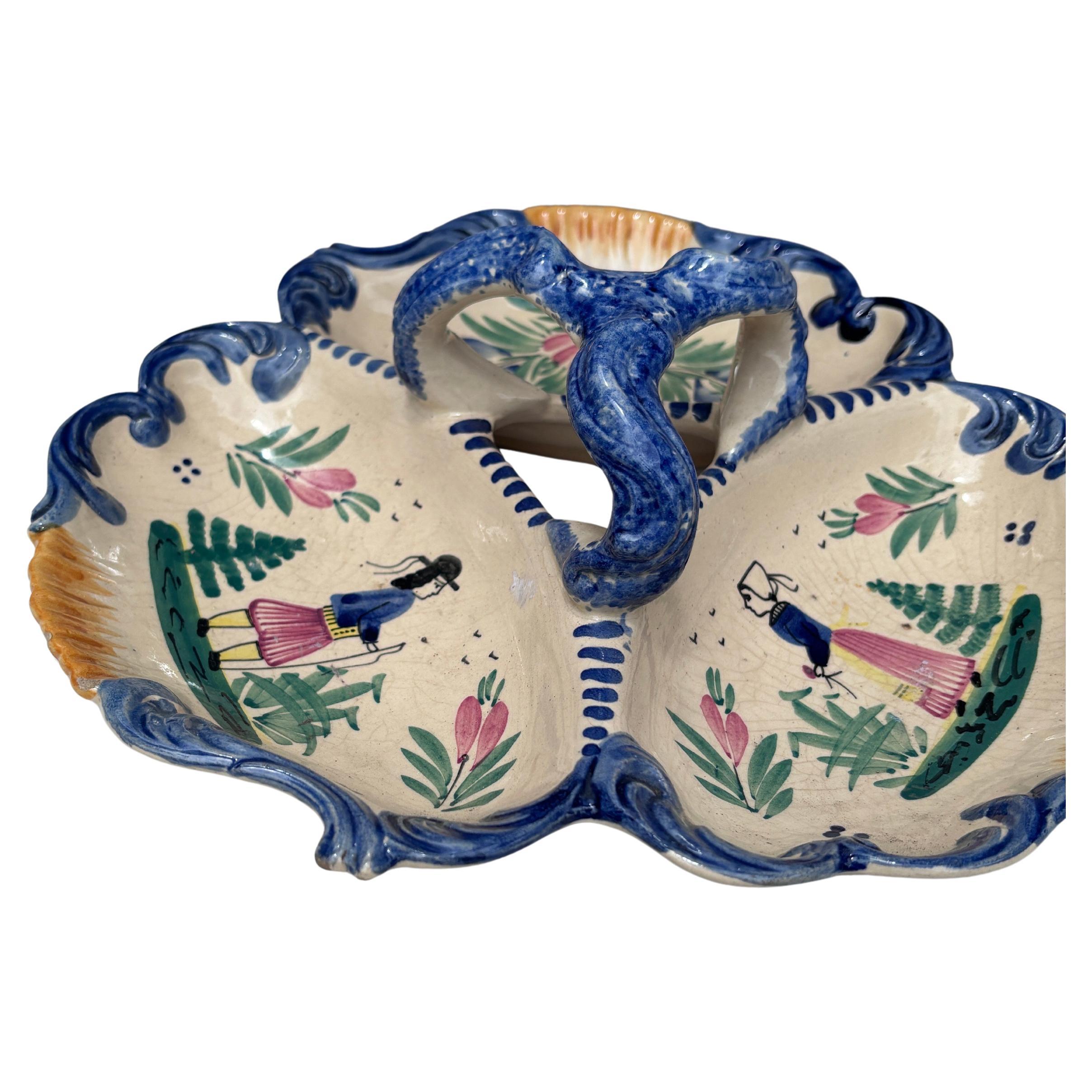 French Faience Handled Server Platter HB Quimper Circa 1940.