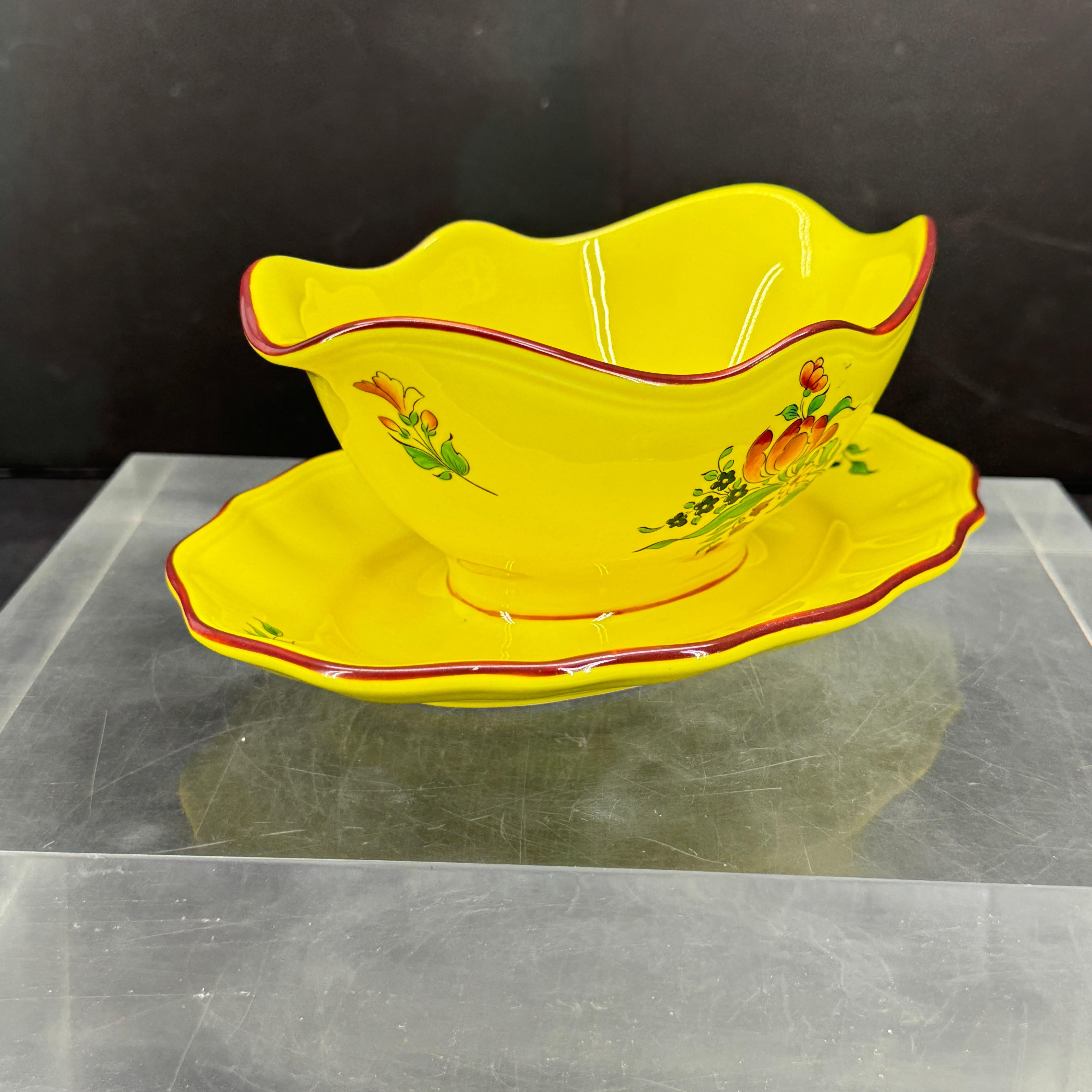 Ceramic French Faience Handpainted  Bowl Dish Gravy Boat For Sale