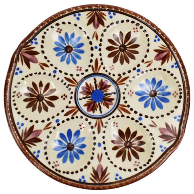 French Faience HB Quimper Oyster or Egg Serving Plate in Red and Blue, France