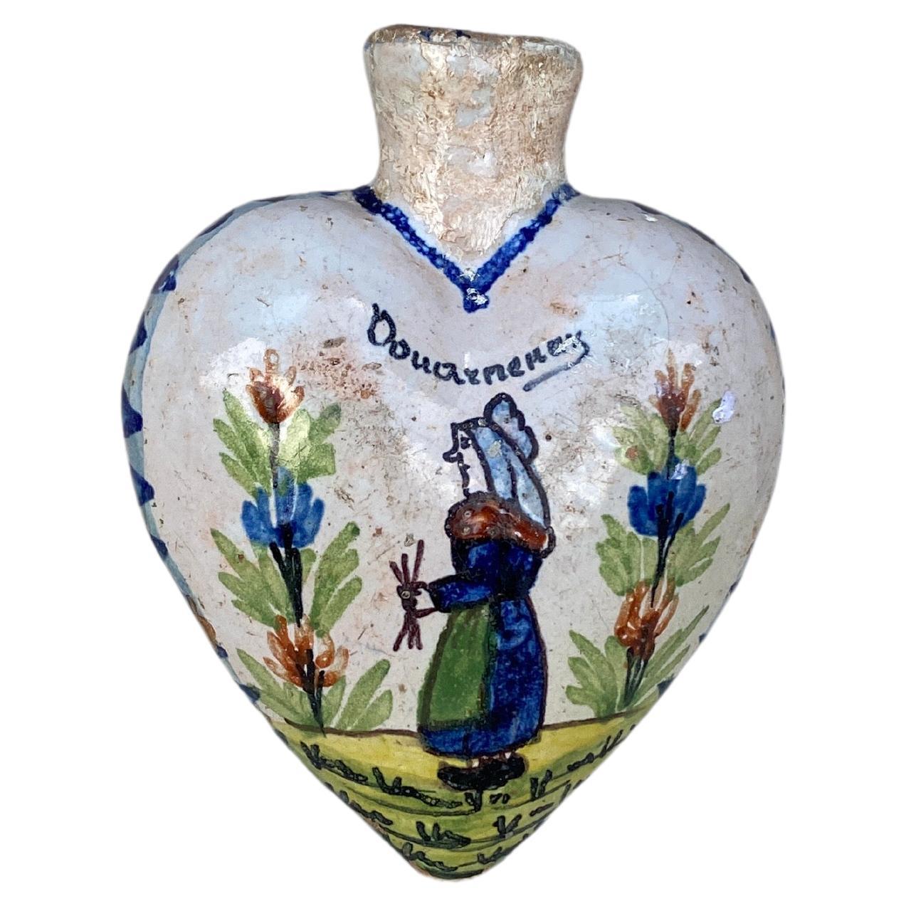 French Faience Heart Secouette Flask / Hand Warmer HB Quimper, Circa 1900 For Sale
