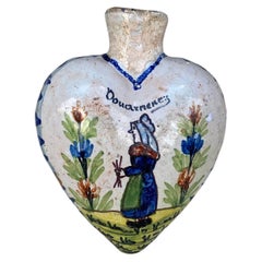Used French Faience Heart Secouette Flask / Hand Warmer HB Quimper, Circa 1900