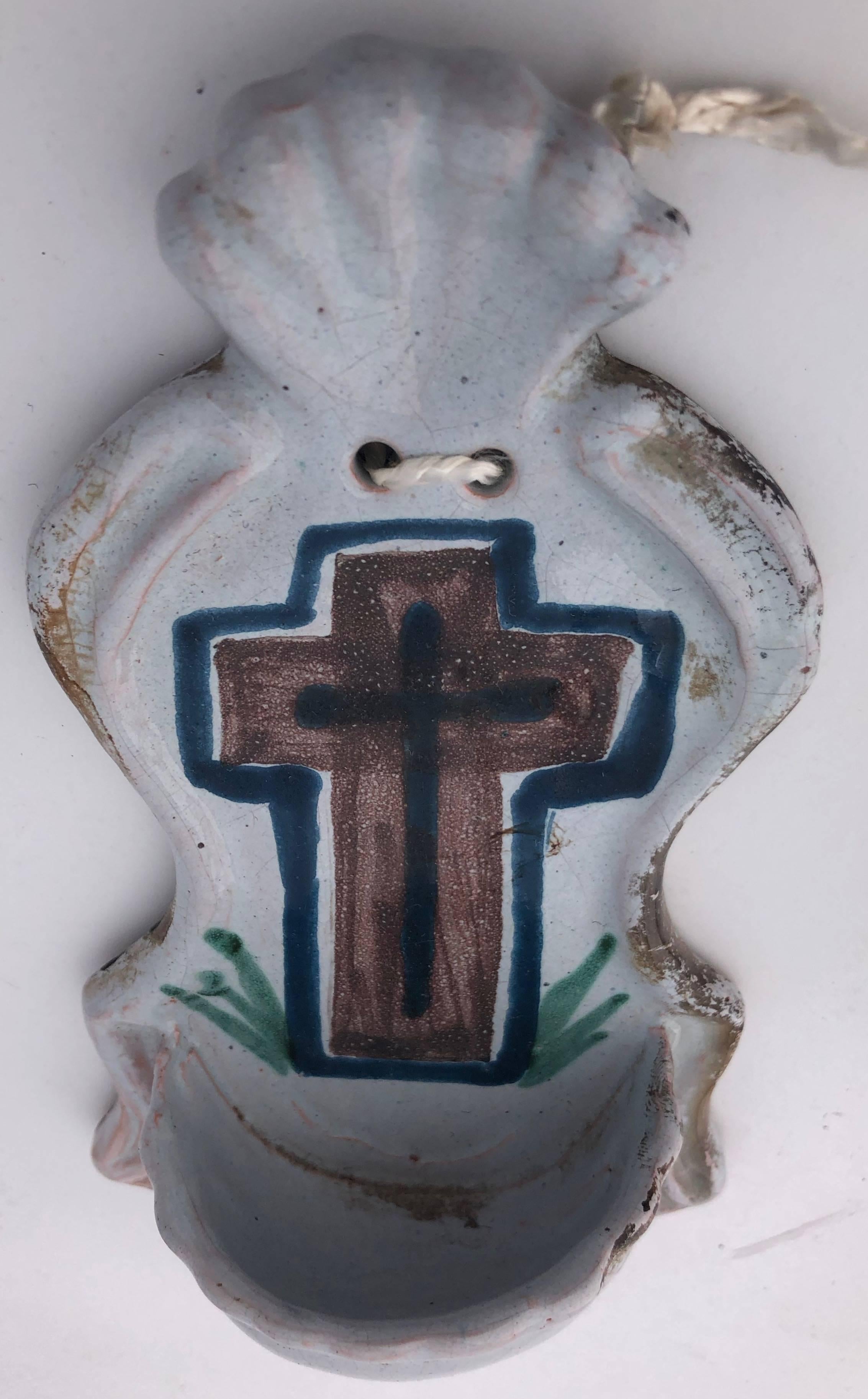 Louis XIV French Faience Holy Water Fonts 'Bénitiers' With Crosses and Sacred Heart, 1700s For Sale