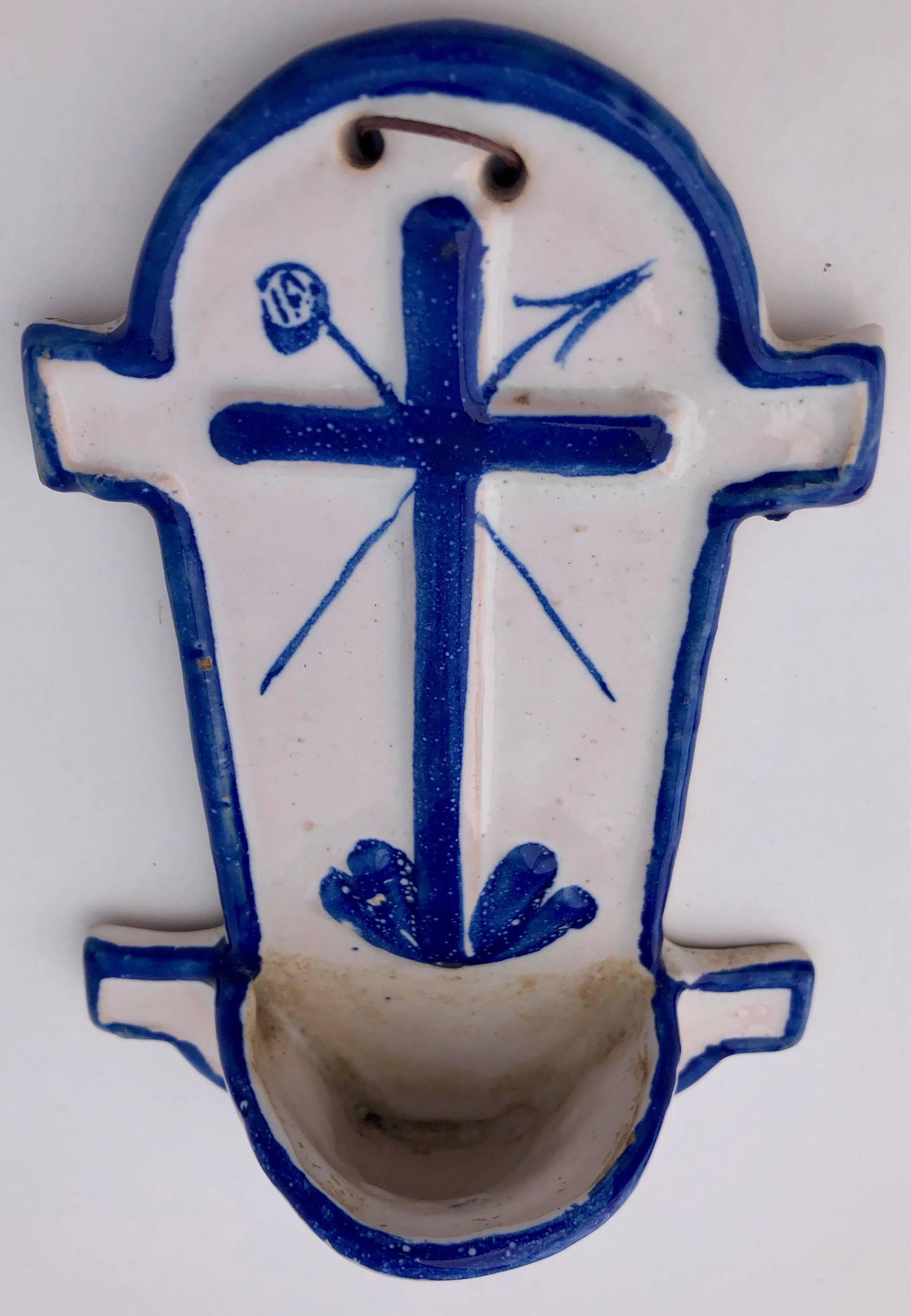 French Faience Holy Water Fonts 'Bénitiers' With Crosses and Sacred Heart, 1700s In Good Condition For Sale In Petaluma, CA