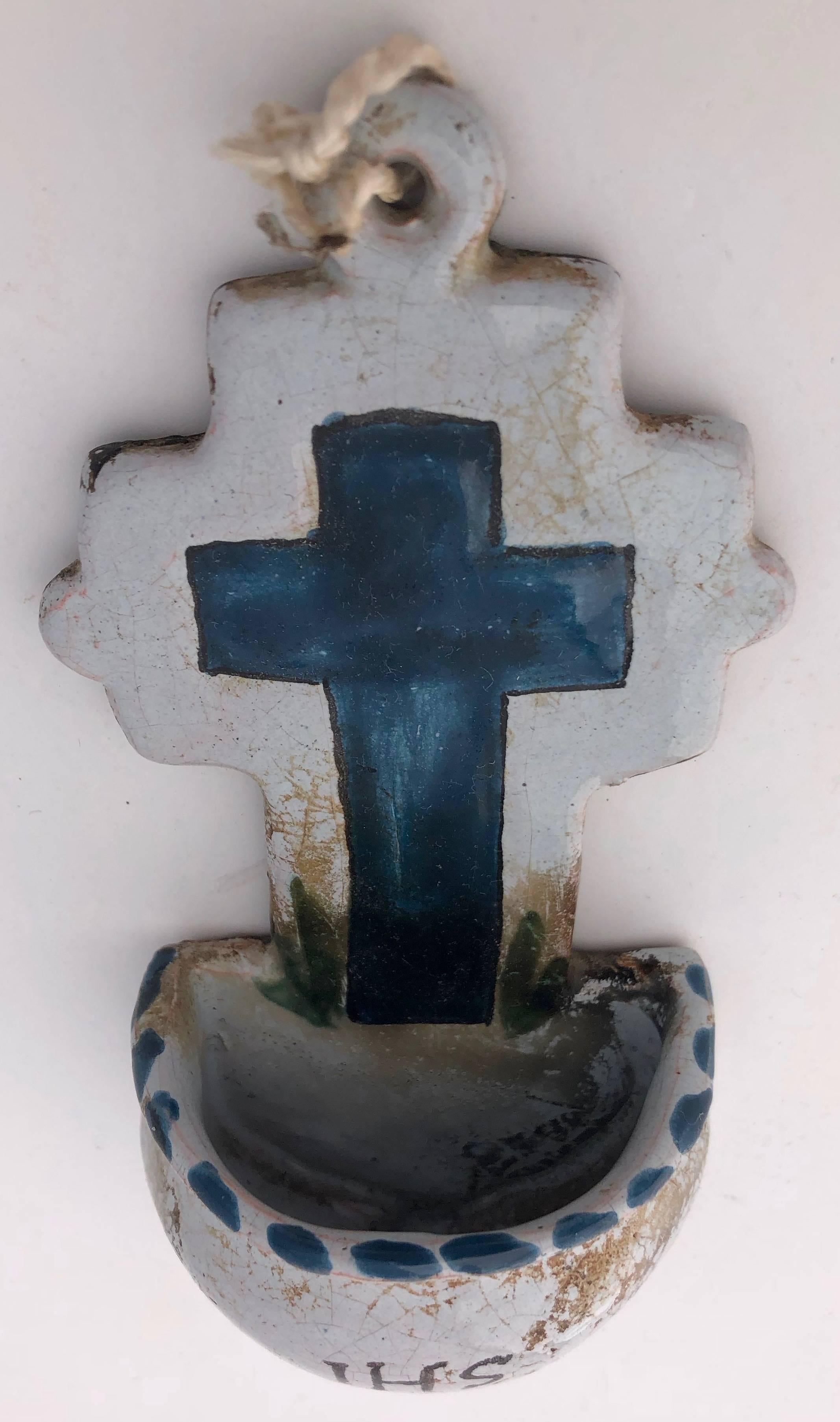 18th Century and Earlier French Faience Holy Water Fonts 'Bénitiers' With Crosses and Sacred Heart, 1700s For Sale