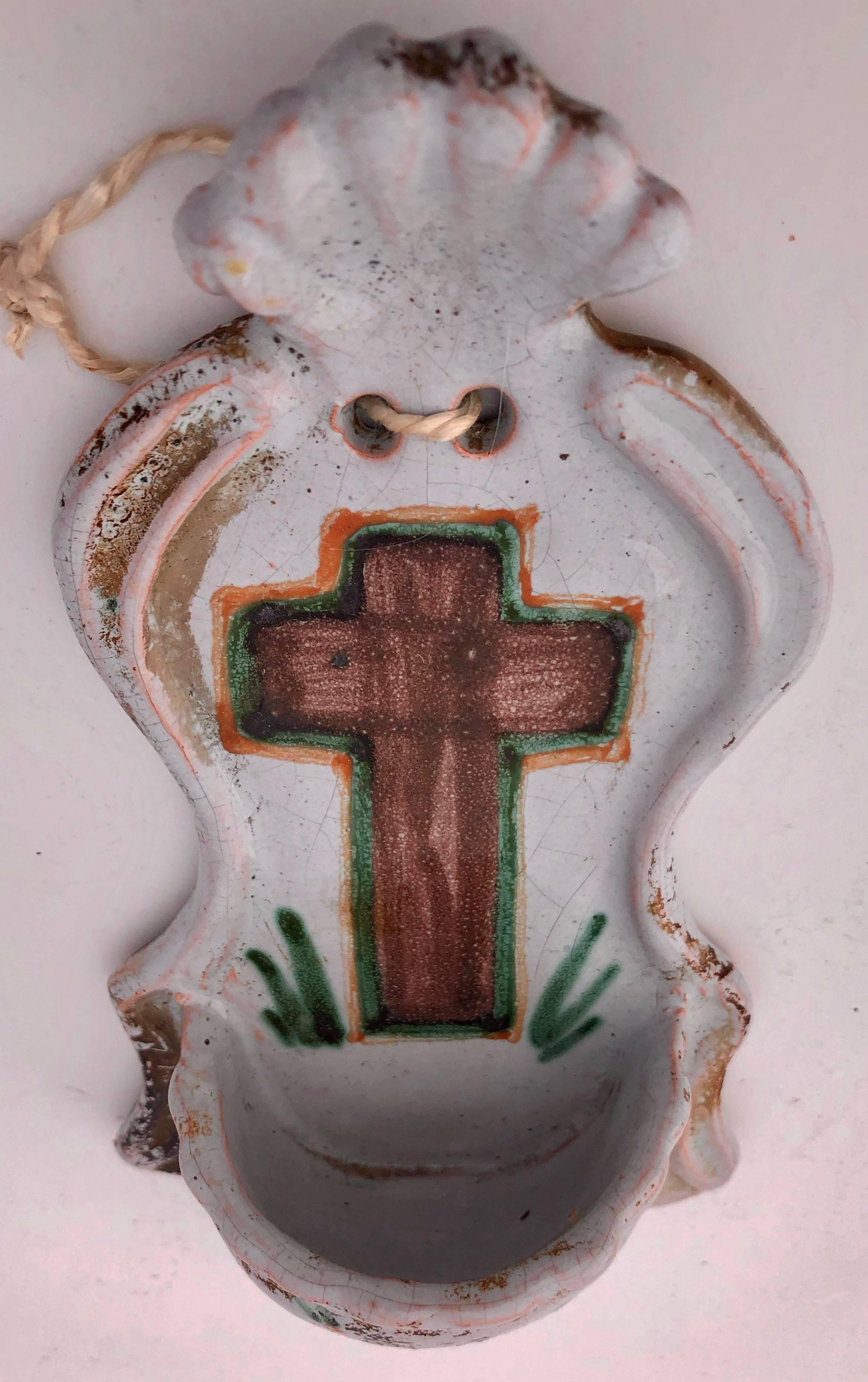 French Faience Holy Water Fonts 'Bénitiers' With Crosses and Sacred Heart, 1700s For Sale 1
