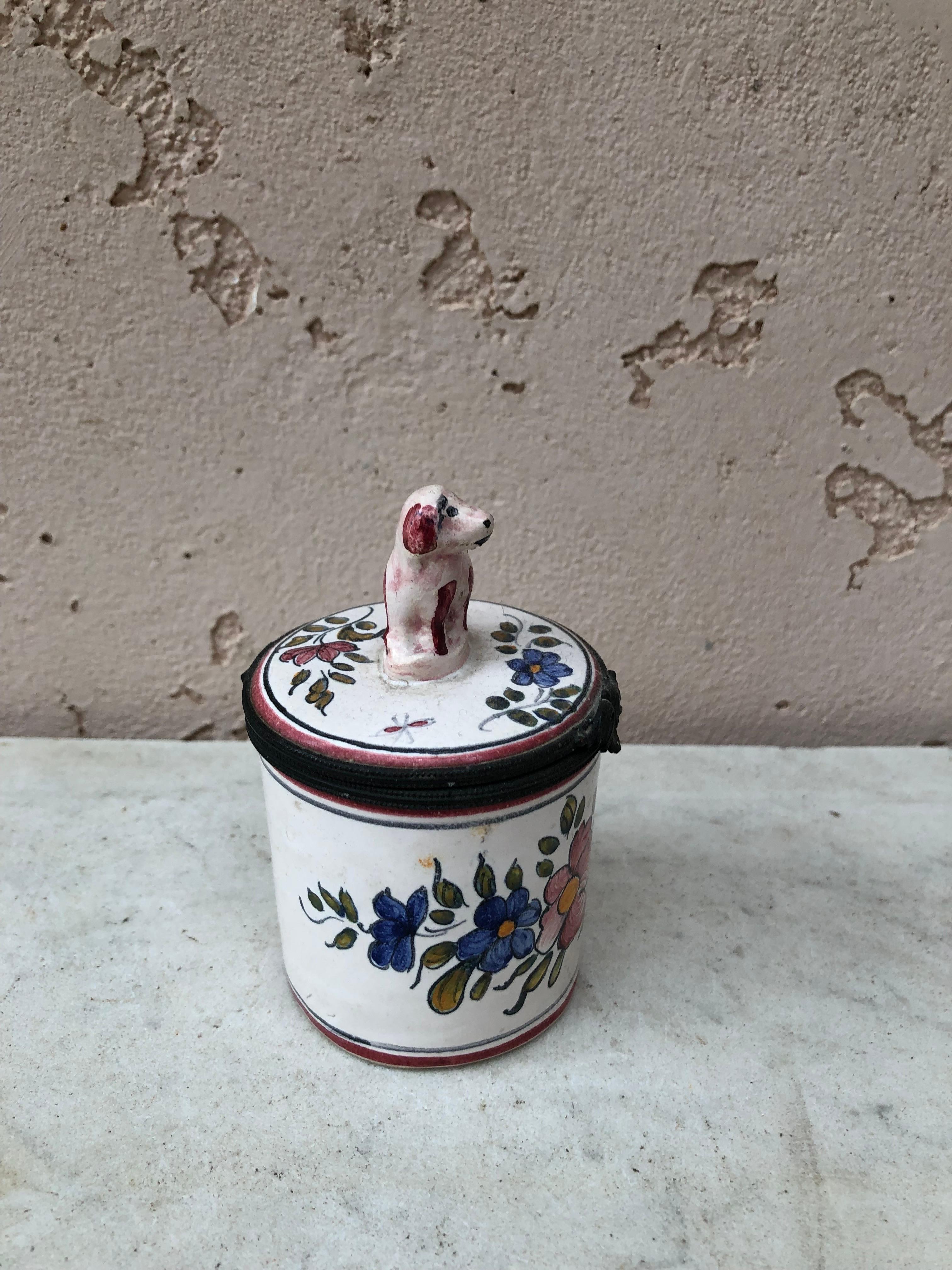 Rustic French Faience Lidded Pot Box With Dog Circa 1900 For Sale