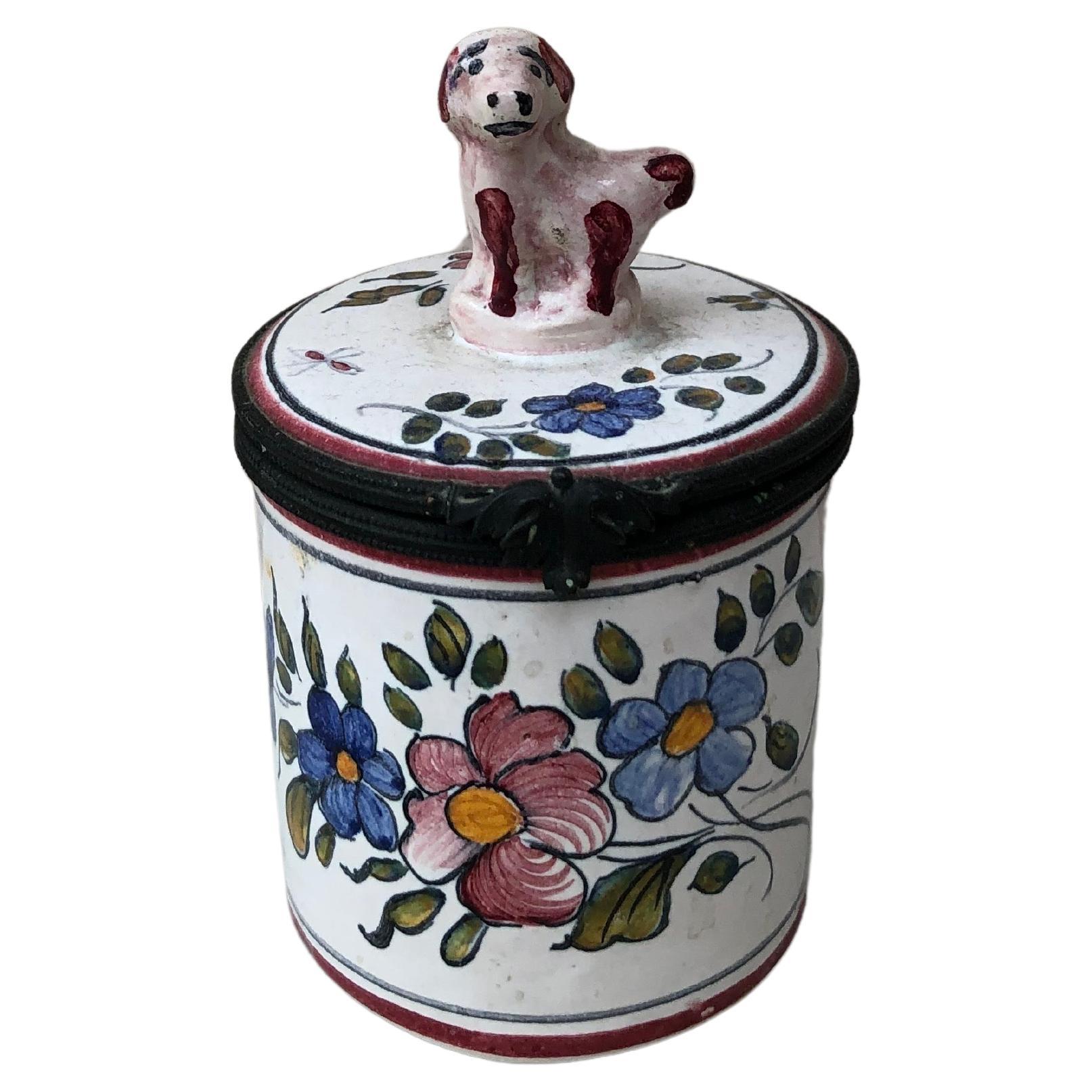 French Faience Lidded Pot Box With Dog Circa 1900 For Sale