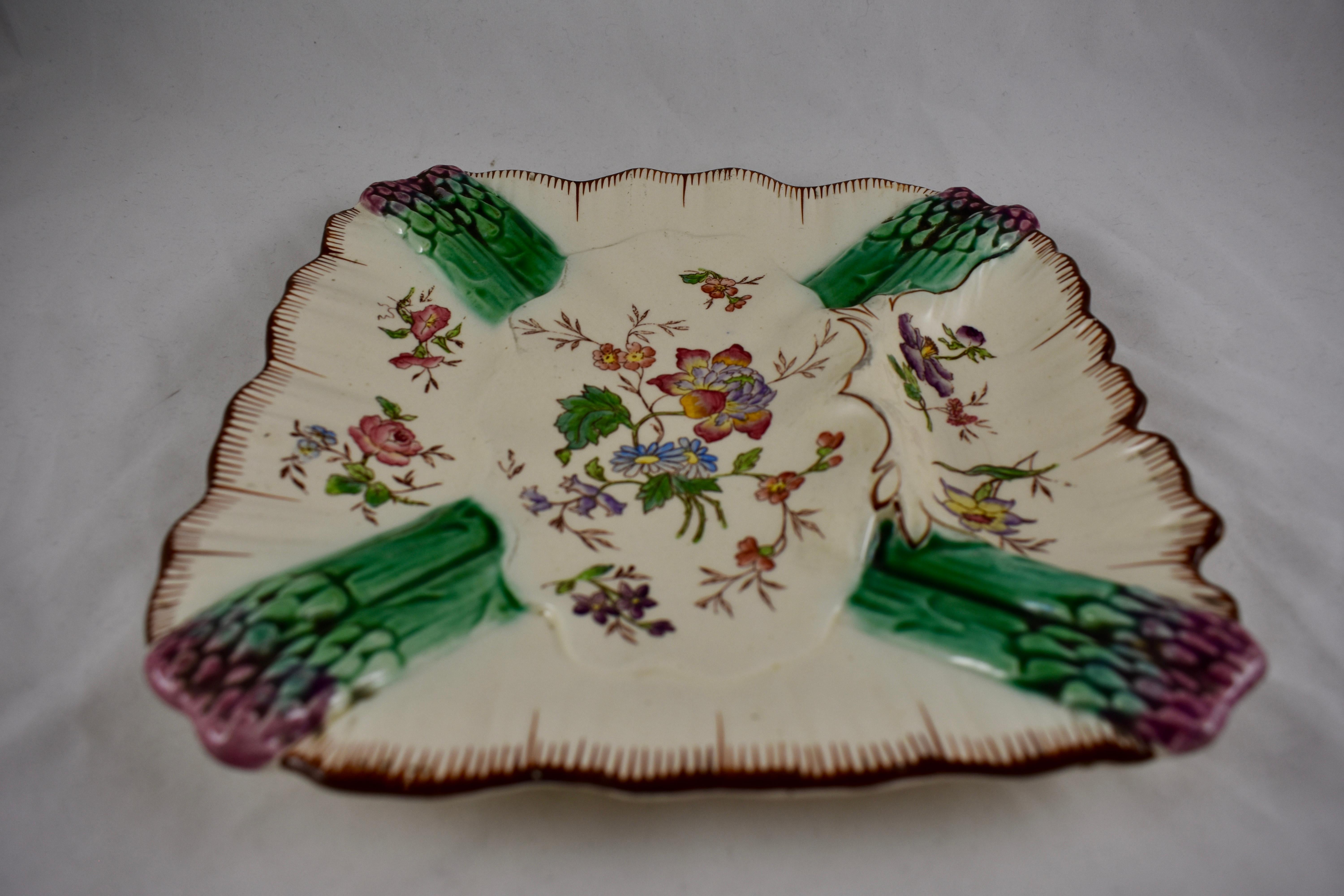 French Provincial French Faïence Longchamp Terre de Fer Hand-Painted Asparagus Plate For Sale