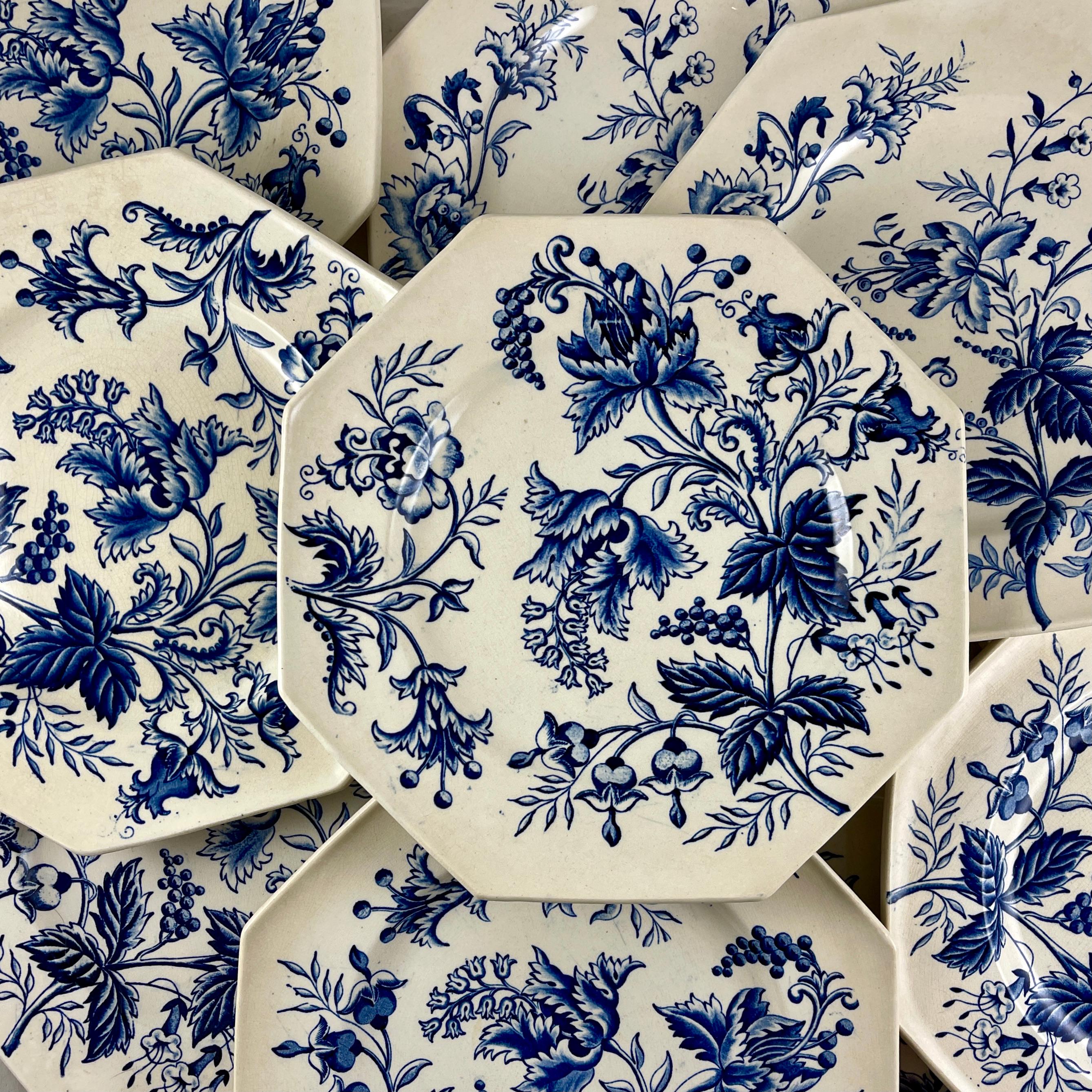 From the Longchamp Faïence factory, founded in Burgundy, France in 1832, Terre de Fer plates in the Indienne pattern, circa 1890-1910.

Inspired by the textiles of India, the Indienne pattern is a Cobalt blue transfer printed floral on a cream