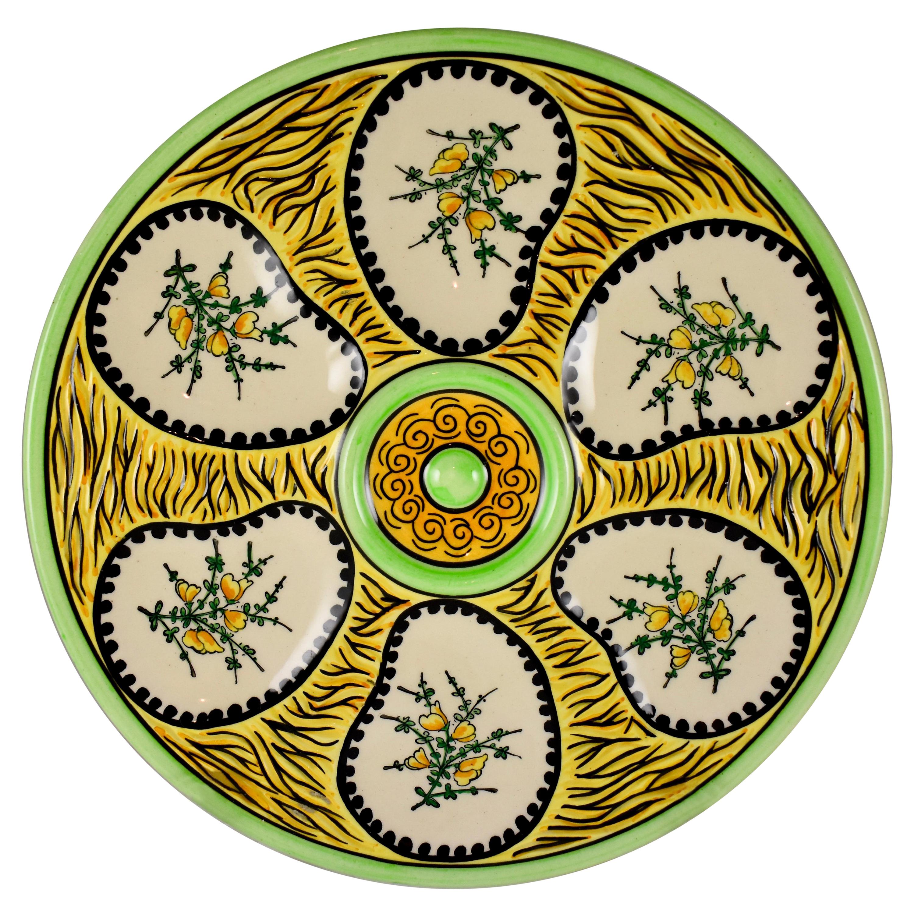 French Faïence Maison Fouillen Quimper Floral Yellow & Green Oyster Plate, 1940s