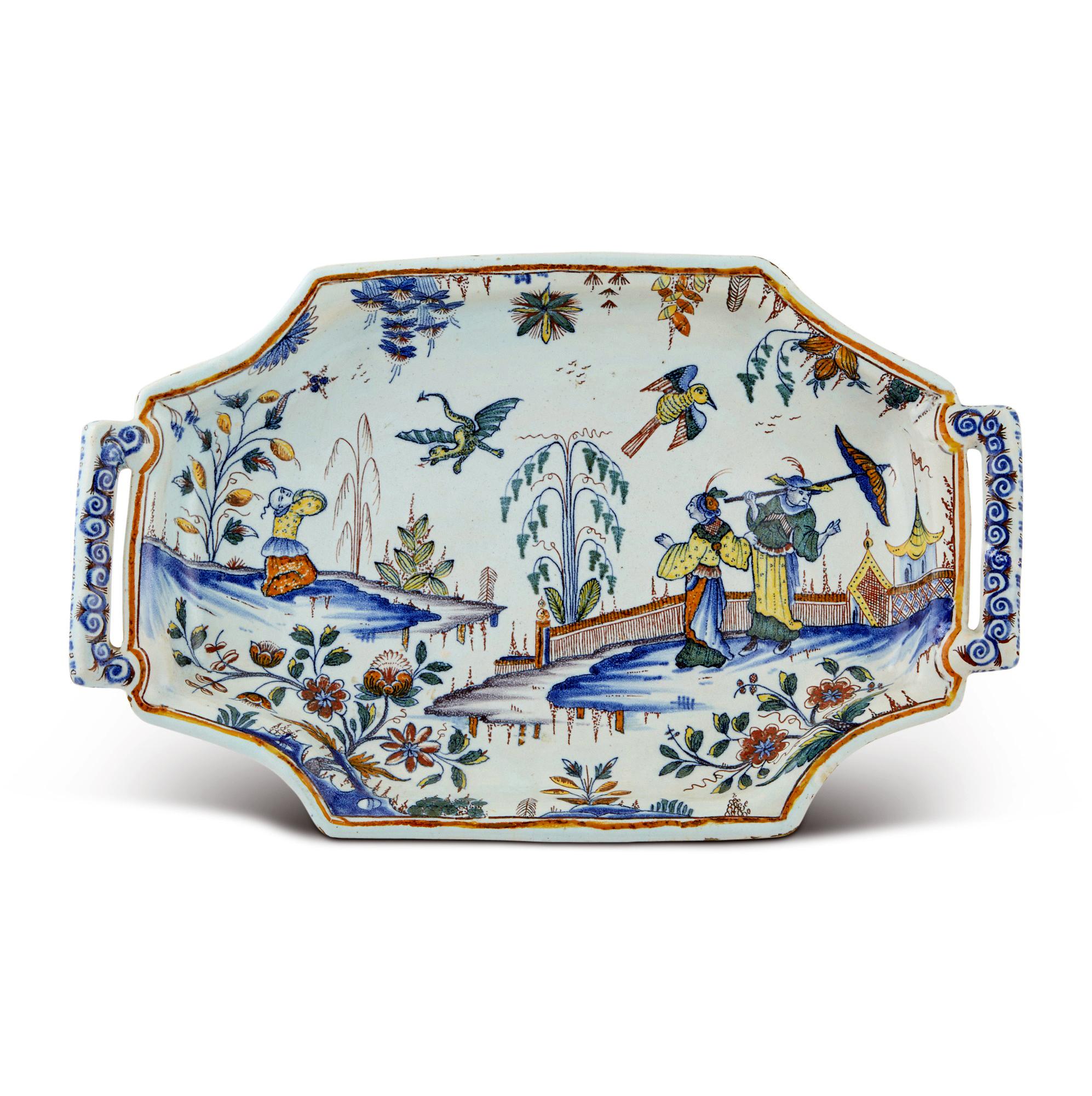 Plateau octogonal oblong à Chinoiserie de la Faïence (Bannette), probablement Rouen en vente 15