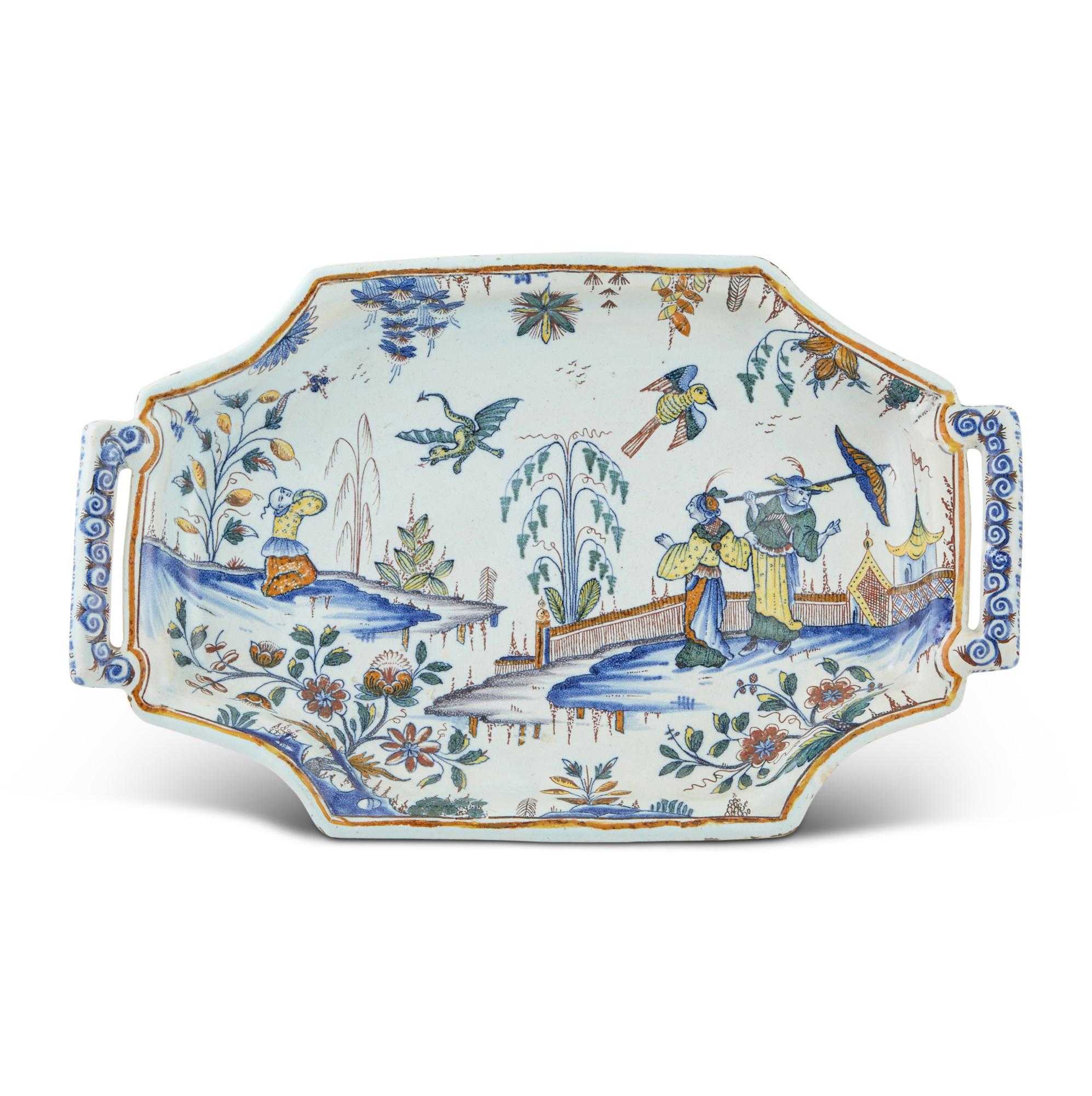 Georgien Plateau octogonal oblong à Chinoiserie de la Faïence (Bannette), probablement Rouen en vente