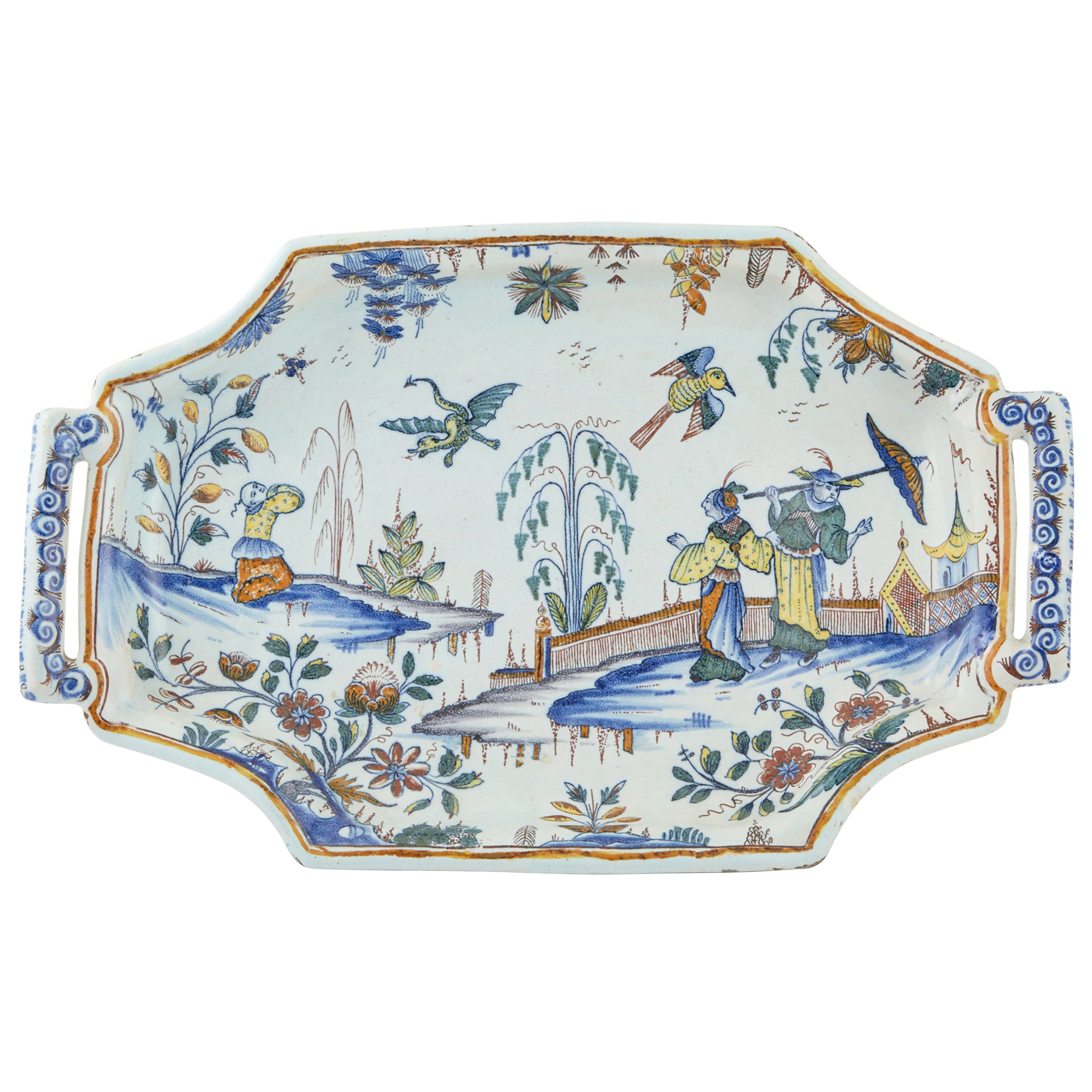 Plateau octogonal oblong à Chinoiserie de la Faïence (Bannette), probablement Rouen en vente