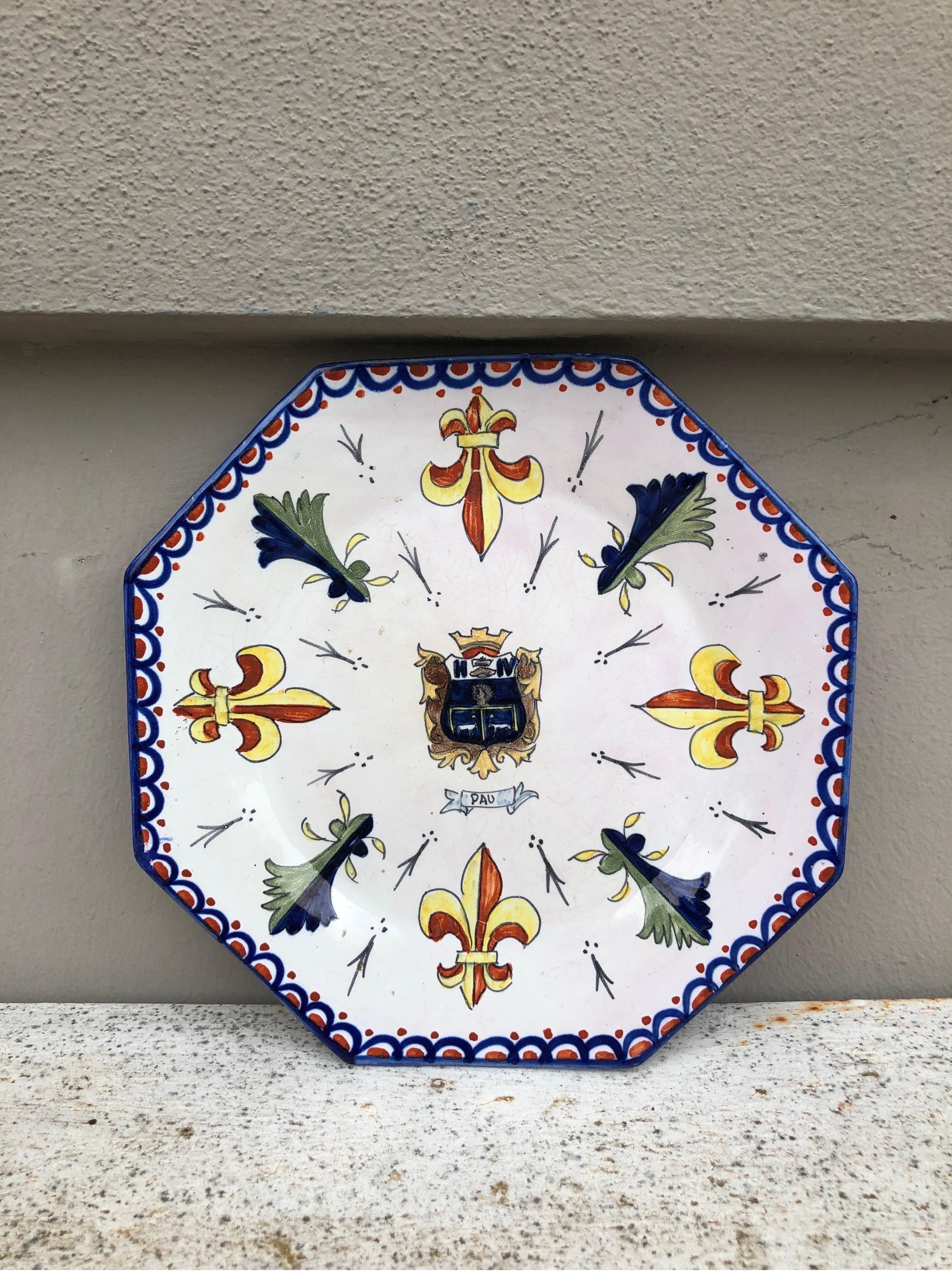 French Faience Octogonal Plate Fleur-De-Lis Circa 1900.
coat of arms on the center 